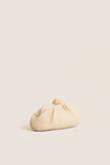 Natural Dorothea Clutch: A classic, high-end woven clutch with a wooden half-moon clasp and gold-tone chain, offering effortless style and versatile carry options.