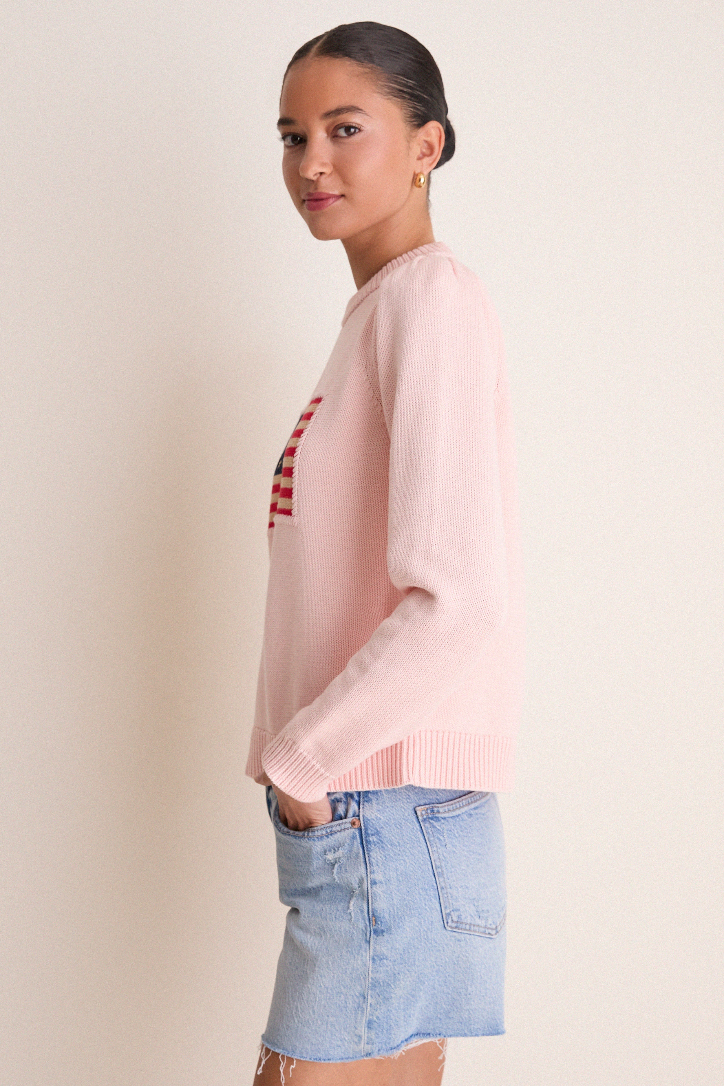 Light Pink Cropped Cotton Puff Sleeve Americana Sweater | Tuckernuck