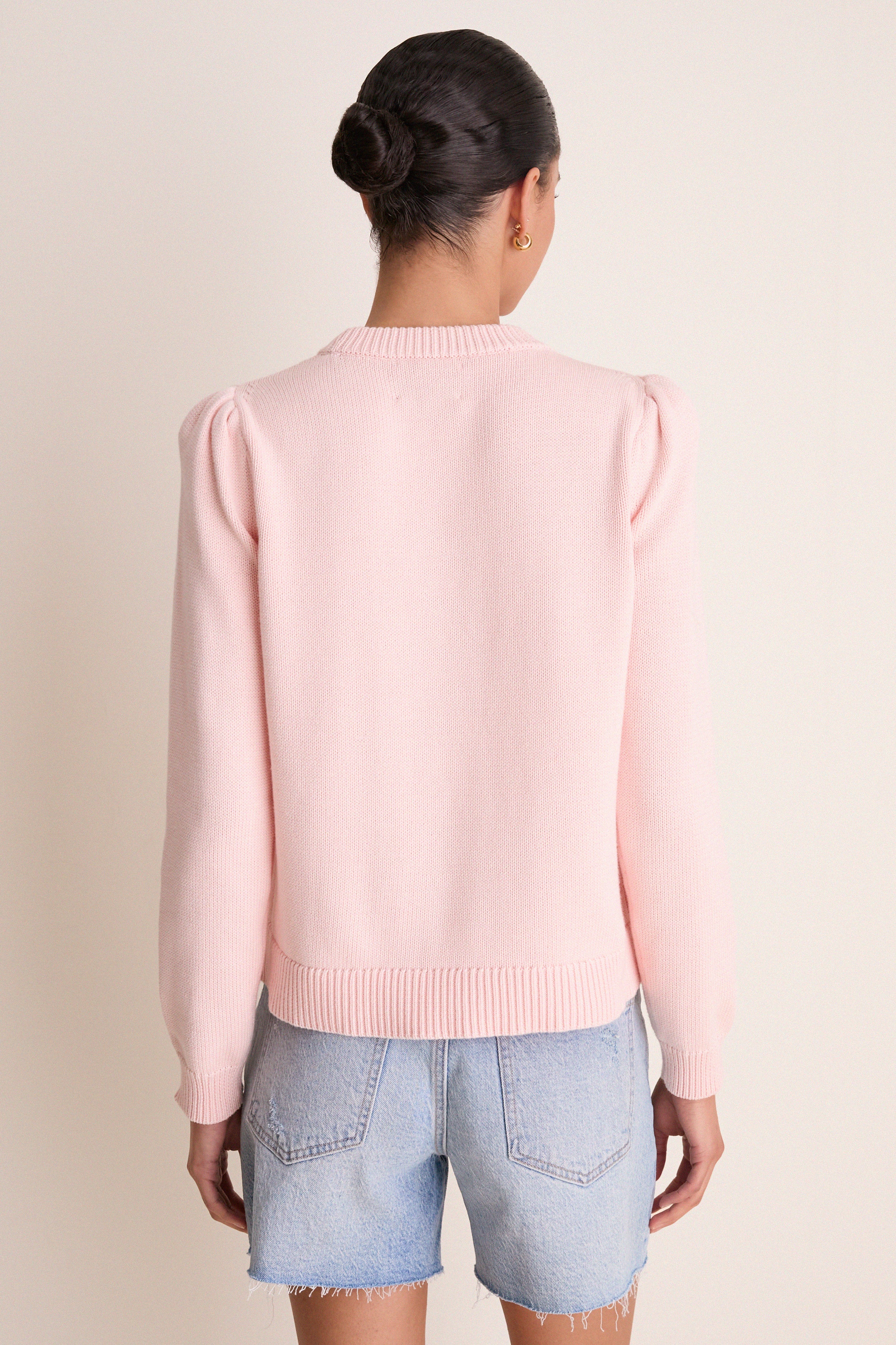 Light Pink Cropped Cotton Puff Sleeve Americana Sweater | Tuckernuck