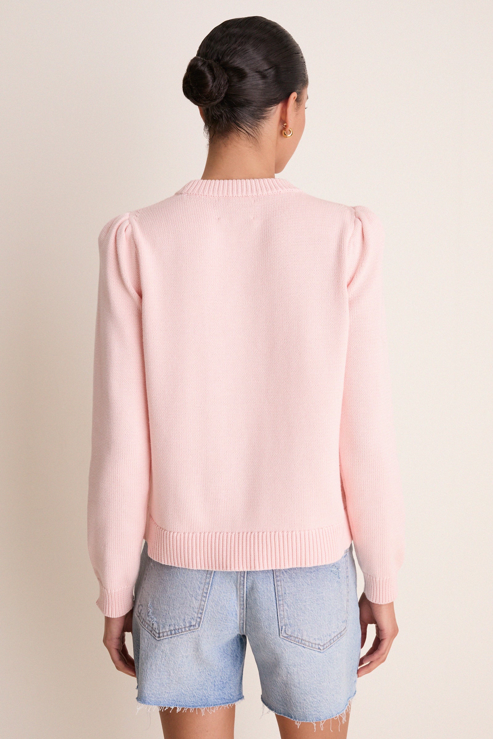 Light Pink Cropped Cotton Puff Sleeve Americana Sweater