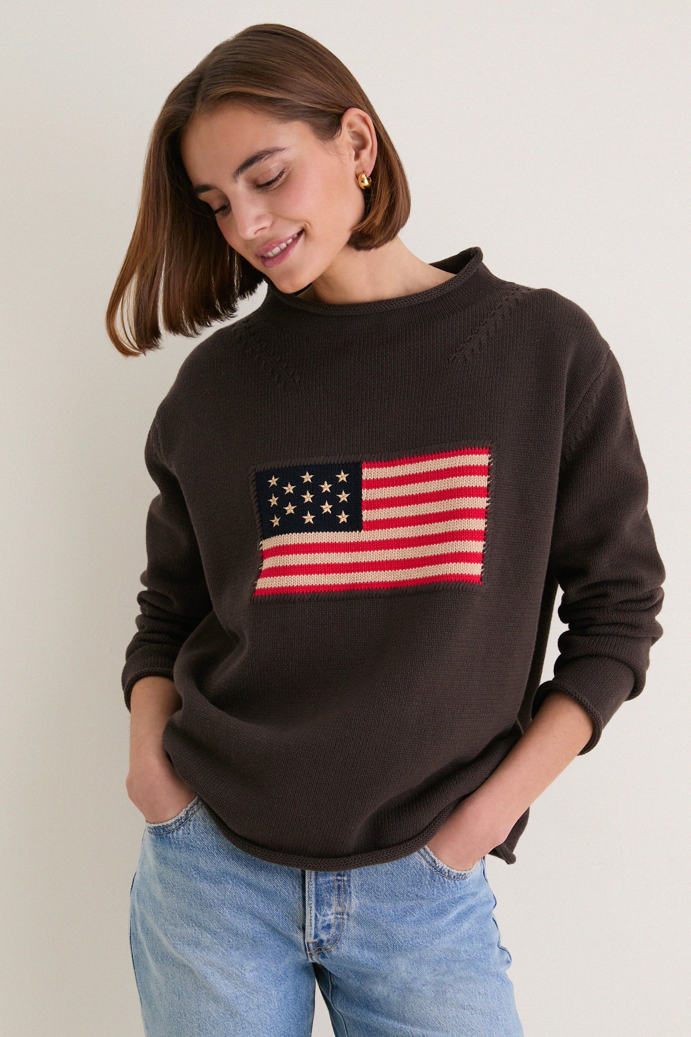 Dark Brown Cotton Rollneck Americana Sweater