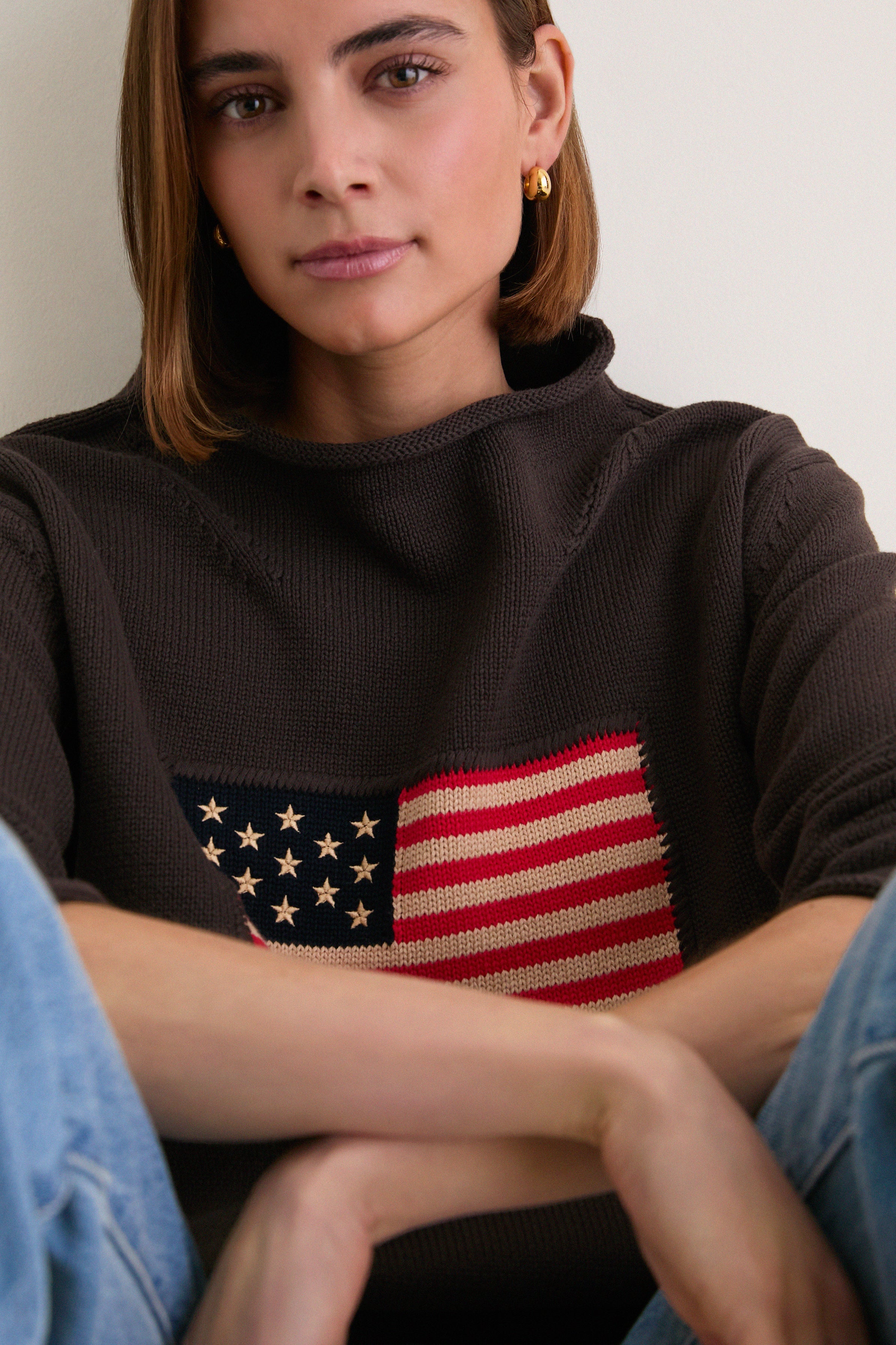 Dark Brown Cotton Rollneck Americana Sweater