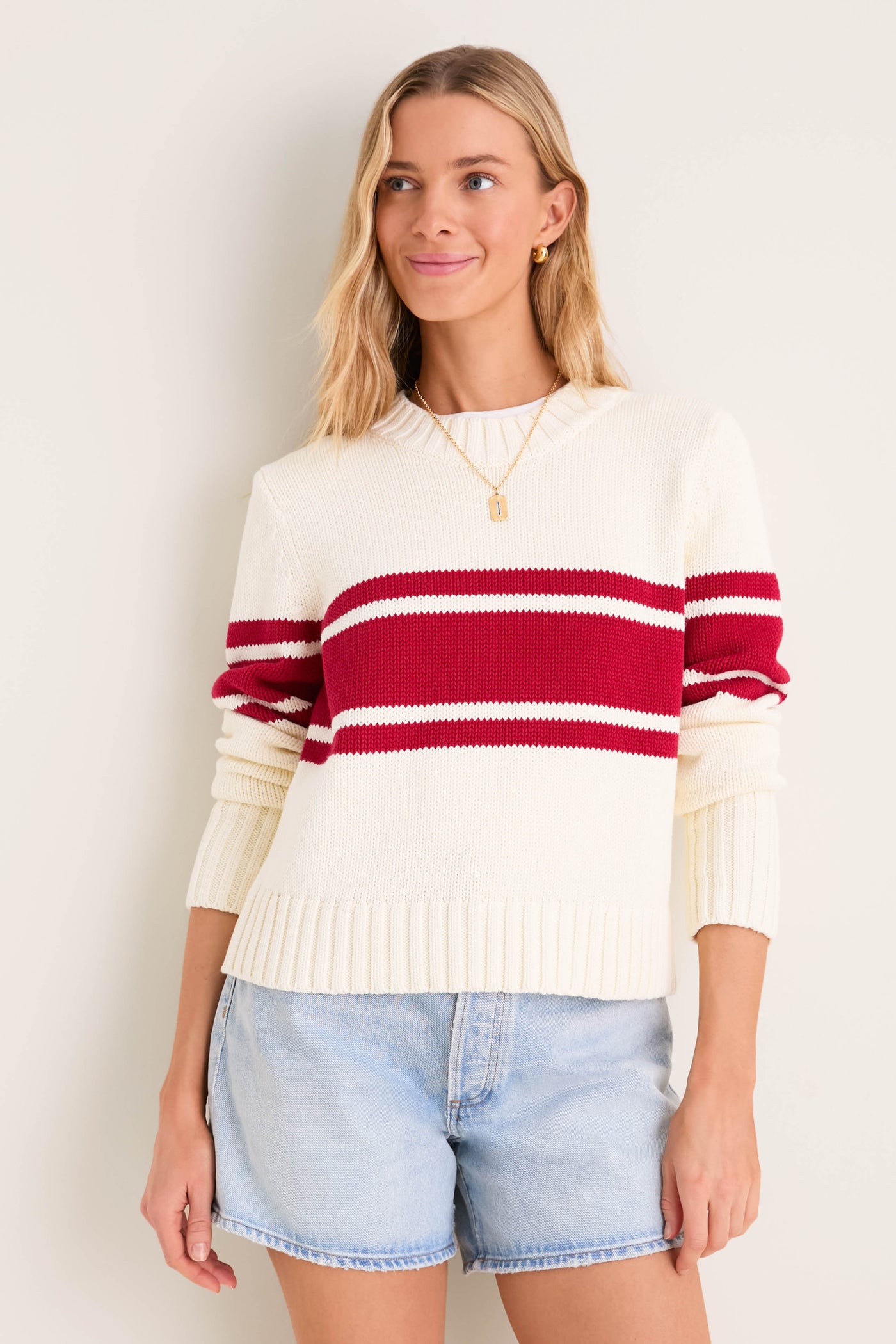 Ivory and Red Stripe Cotton William Crewneck