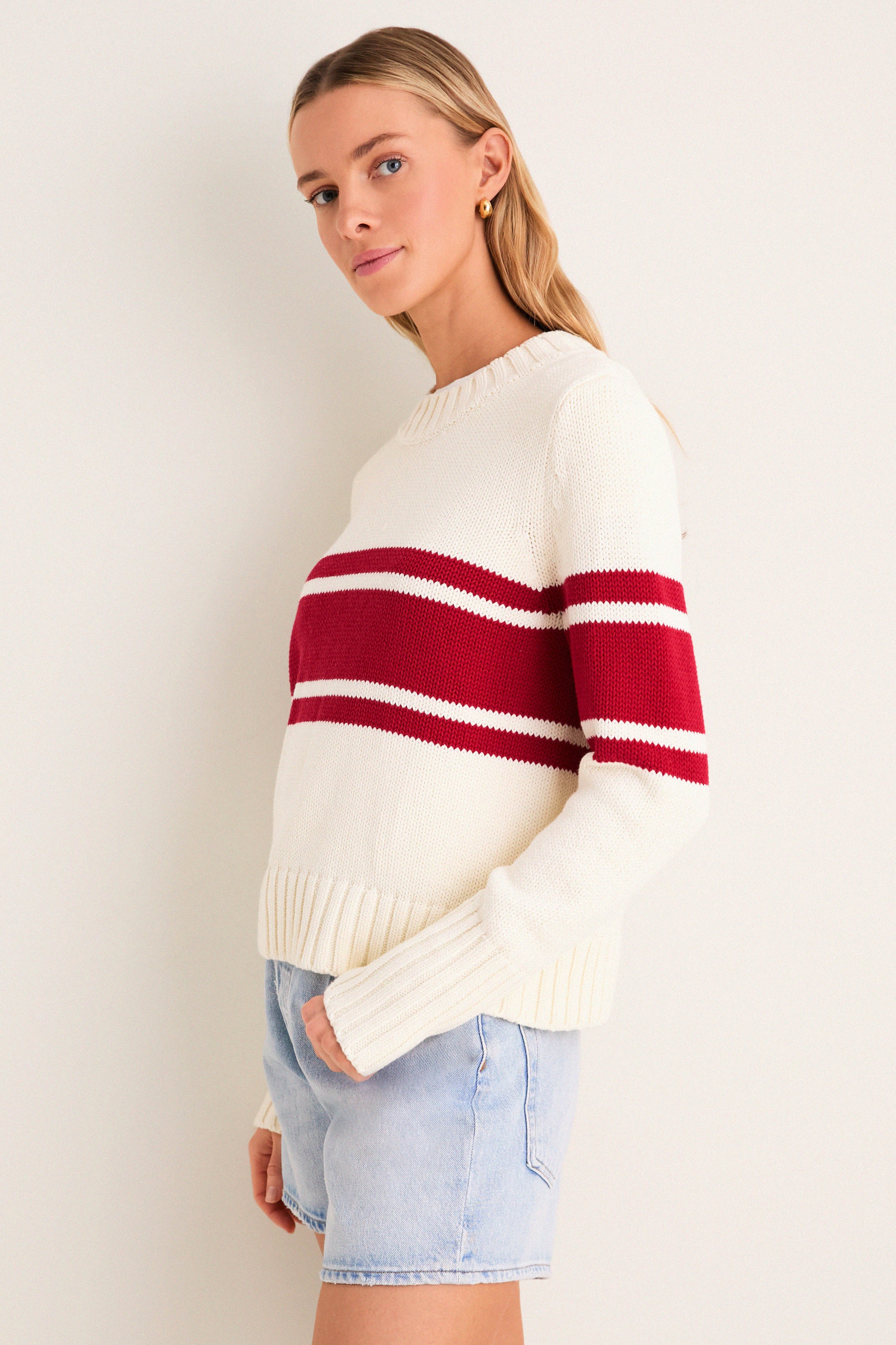 Ivory and Red Stripe Cotton William Crewneck