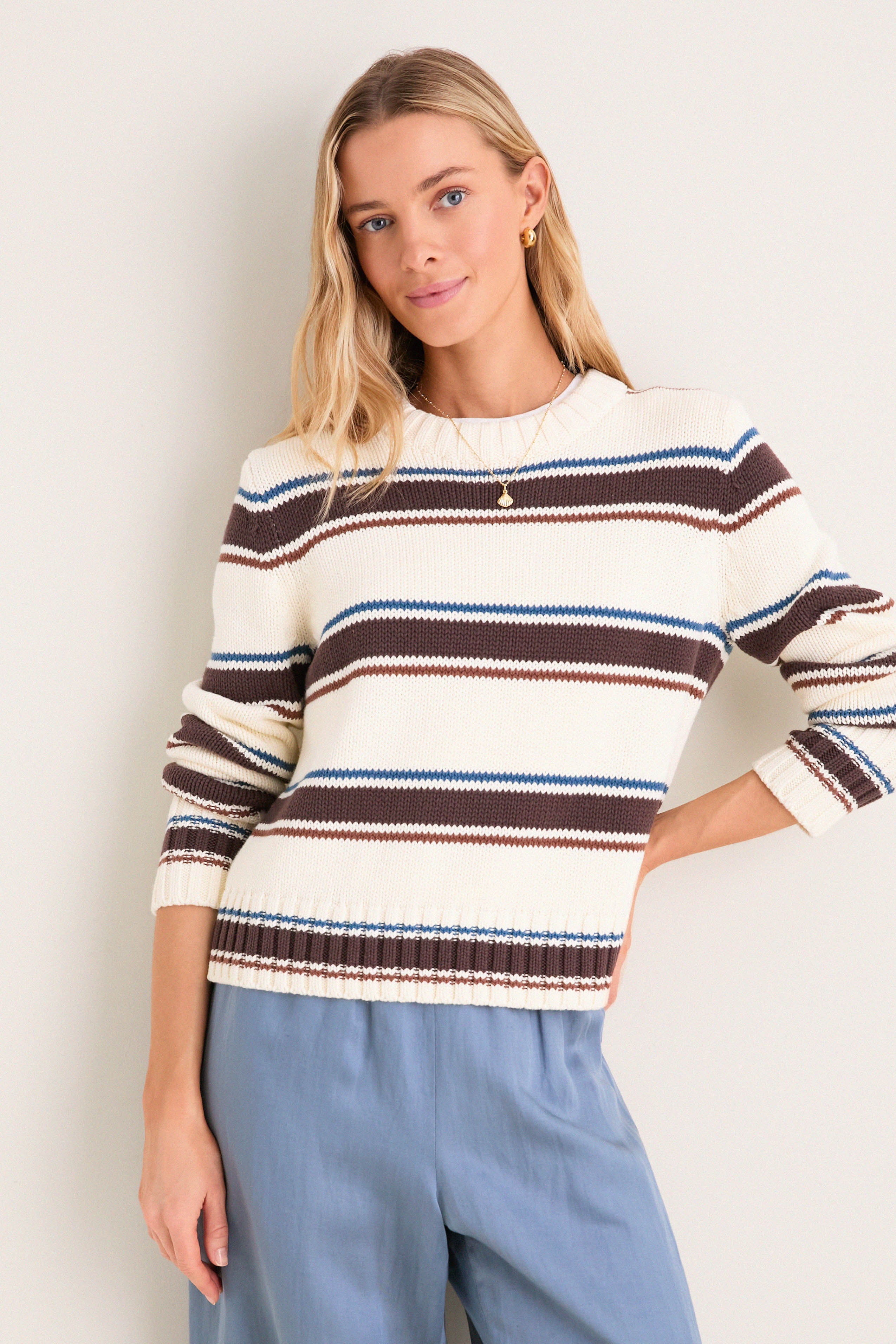 Ivory and Brown Stripe Cotton William Crewneck