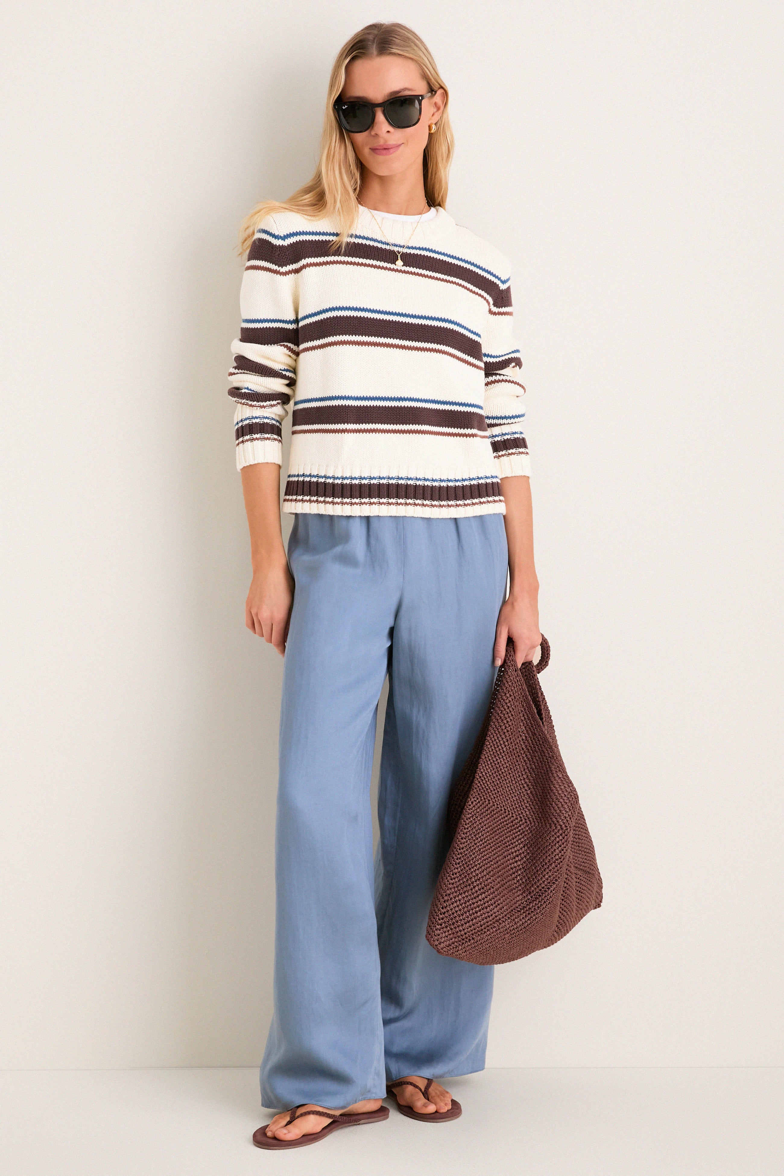 Ivory and Brown Stripe Cotton William Crewneck