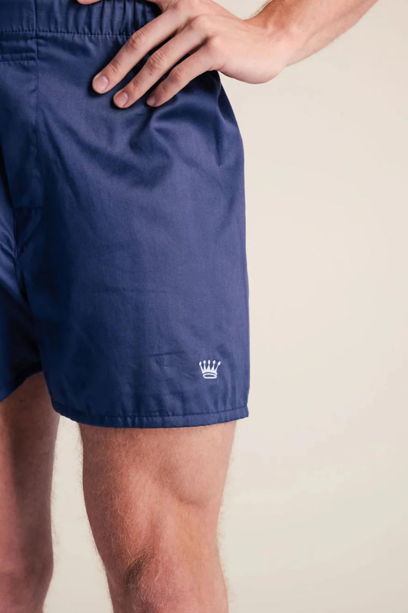 Classic Navy Royal Highnies Boxers, showcasing an effortless, high-end style with a white crown emblem, made from the softest 400-count Pima cotton for ultimate comfort.