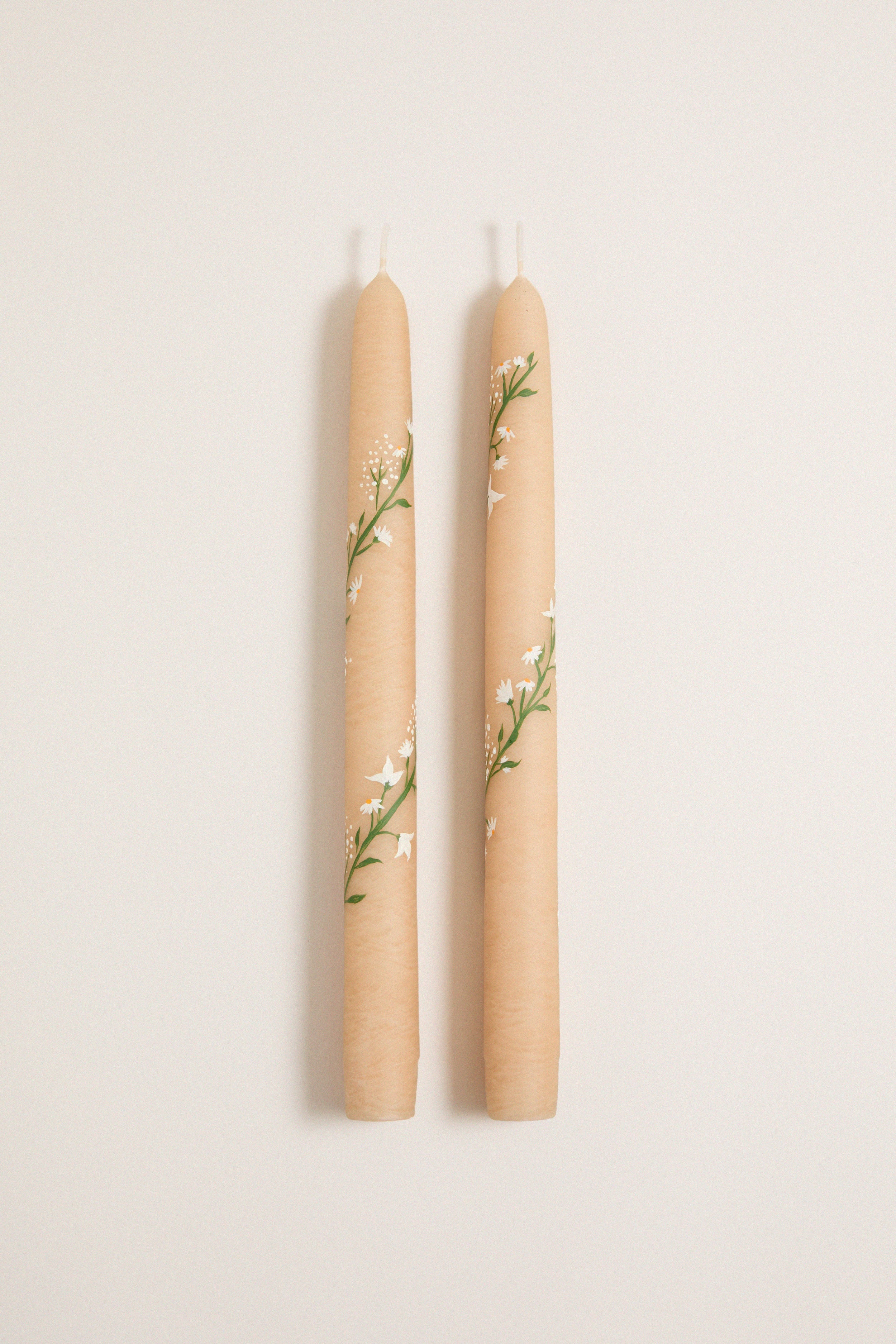 Ivory Climbing Vines Hand Painted Taper Candles (Set of 2)