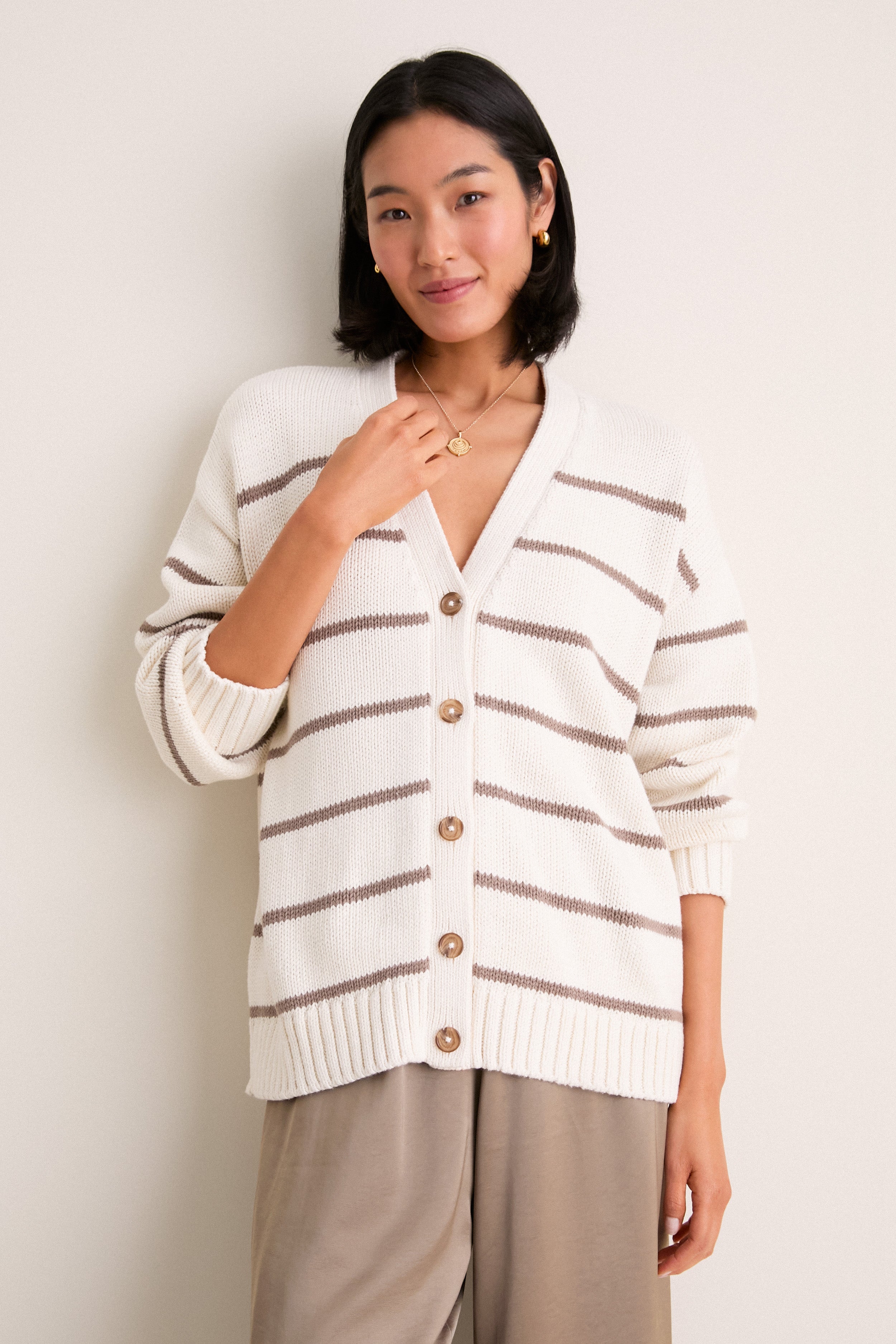 Ivory and Taupe Stripe Chloe Cardigan | Jenni Kayne