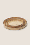 Burled Wood Pattern Round Tray (Set of 3) features classic, effortless design with intricate wood detailing and metal rims, perfect for high-end, fun home styling.