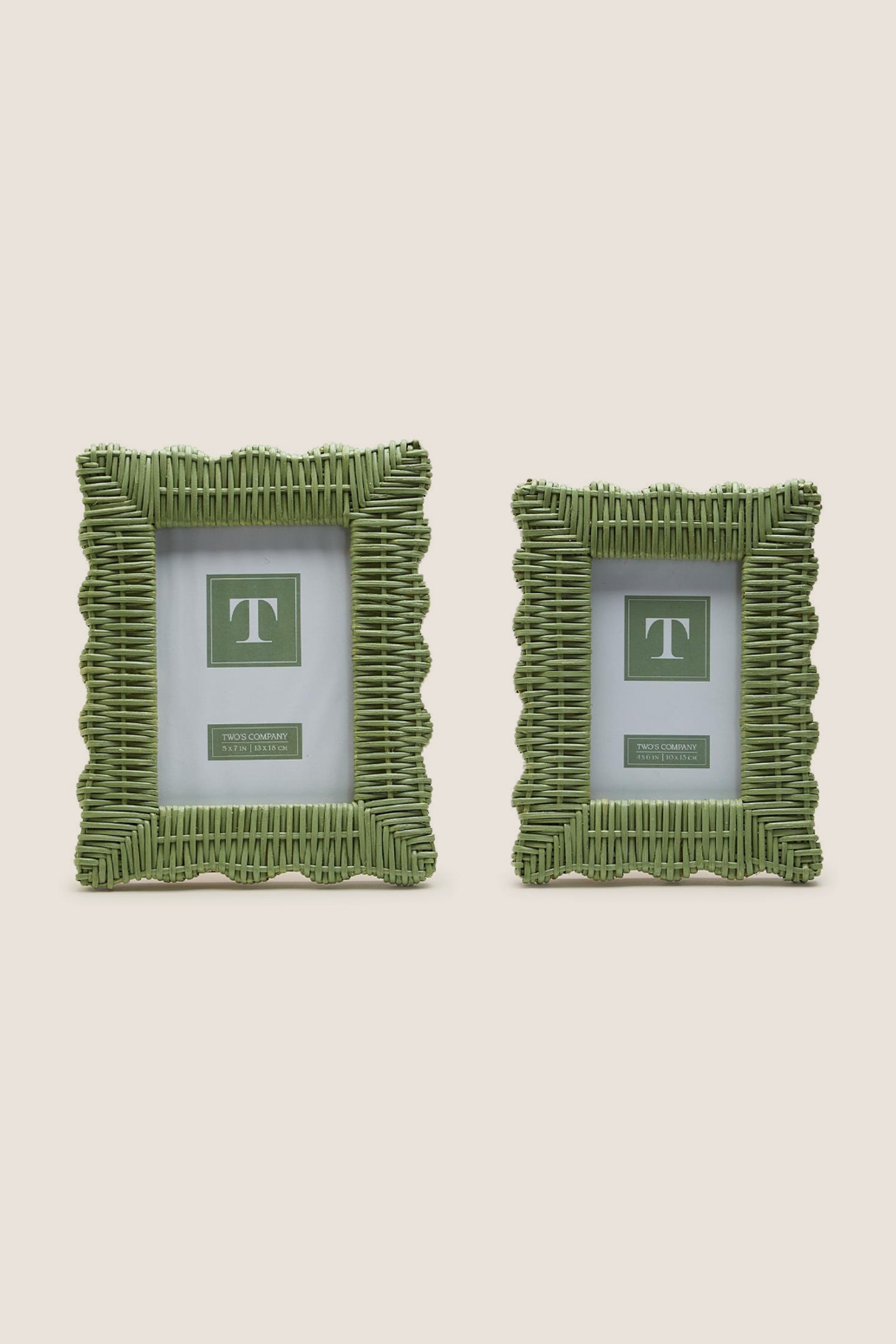 Classic green wicker weave photo frames with scalloped edges, designed for 4x6 and 5x7 prints, offering effortless elegance and fun versatility for high-end home decor.