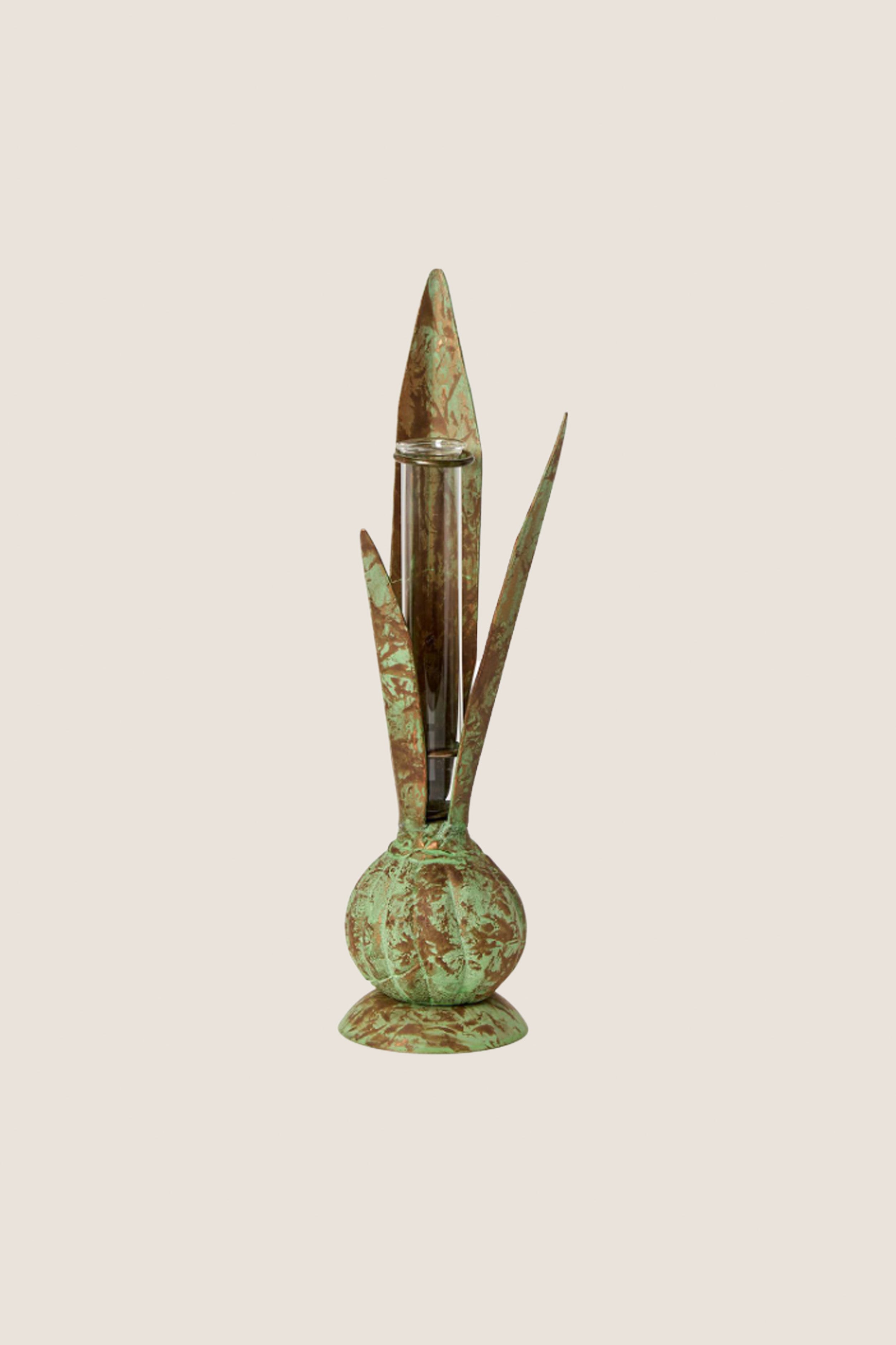 Verdigris Hand Crafted Bulb and Leaf Vase