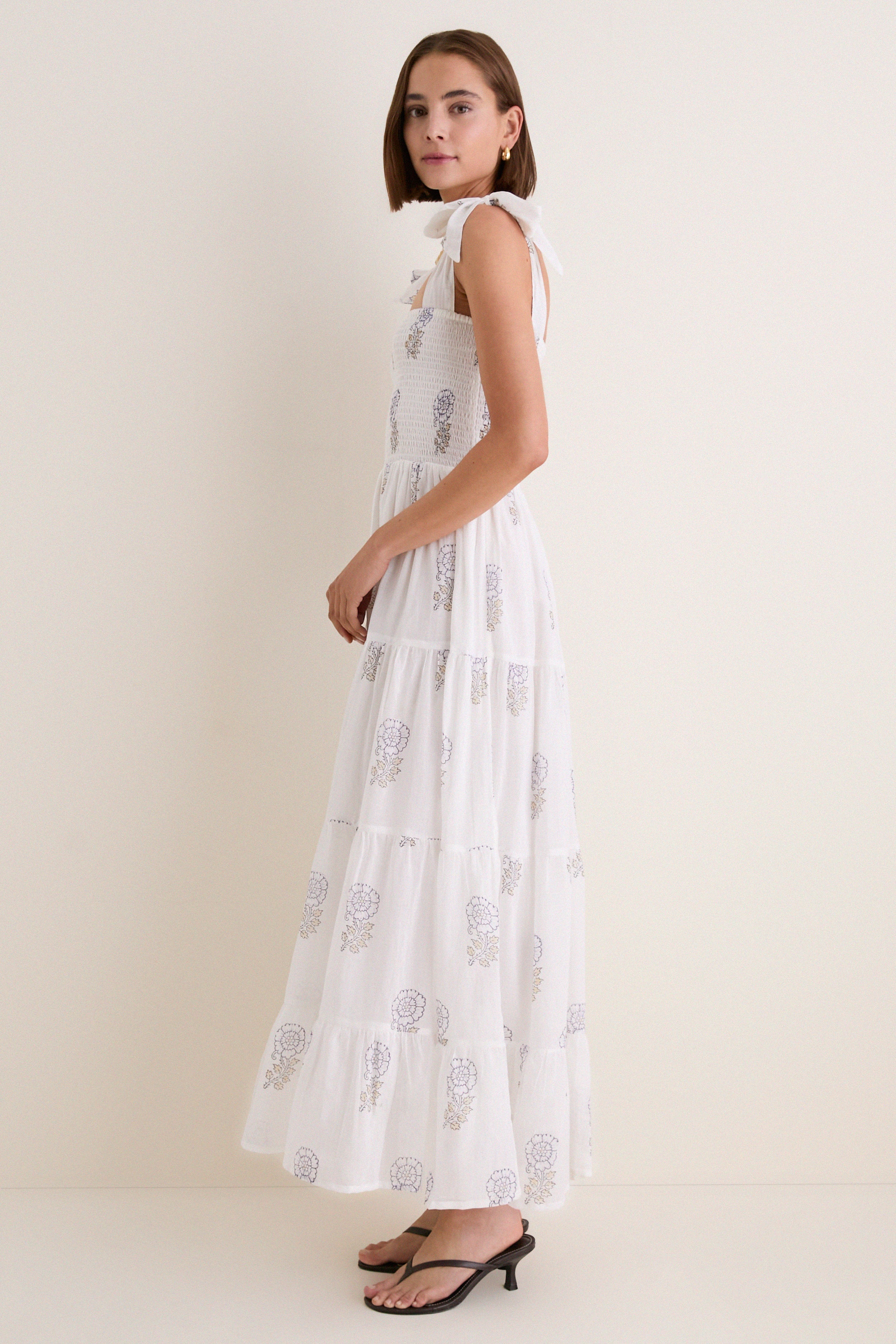 Leela Sky Wide Strap Smocked Midi Dress