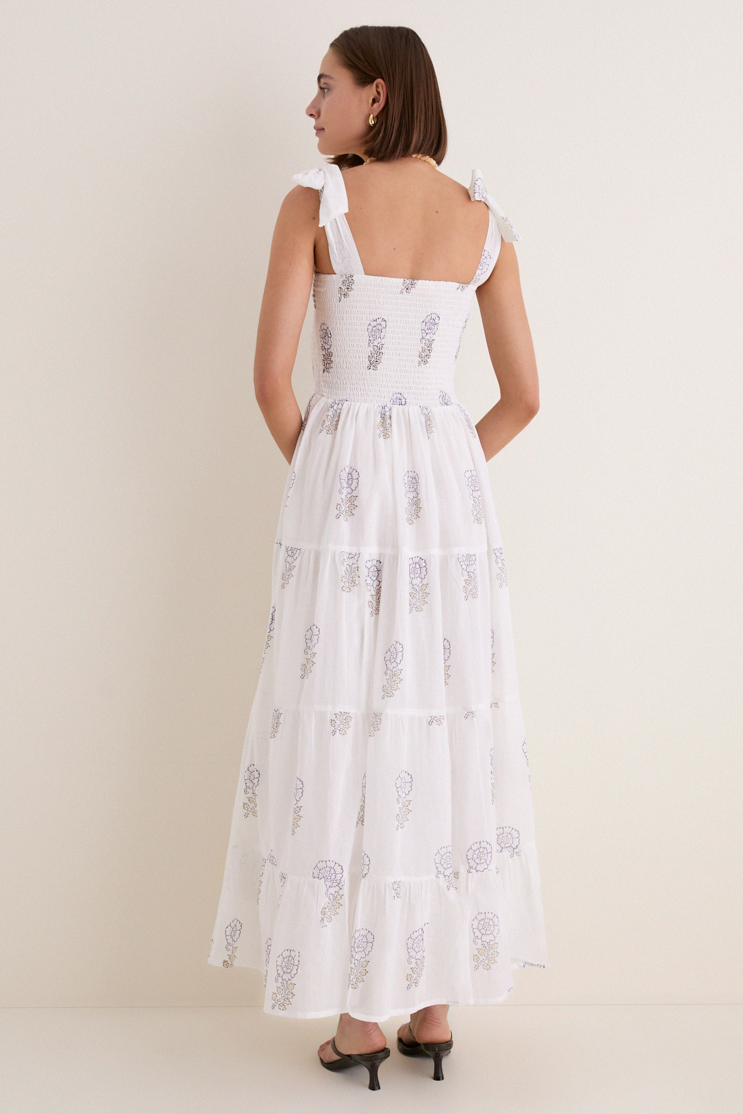 Leela Sky Wide Strap Smocked Midi Dress