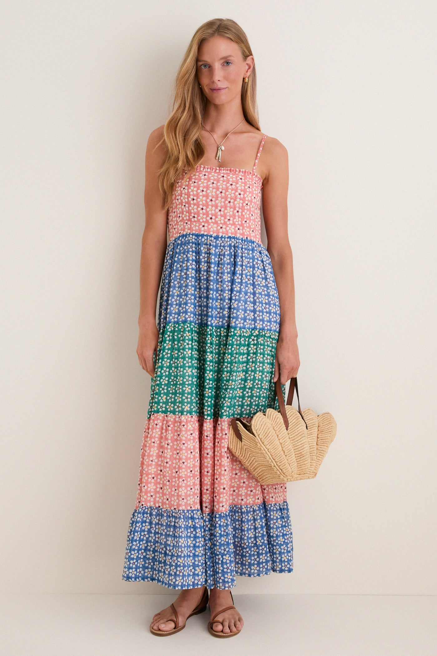 smocked back dress Ruched Cami Blush Pink / L Sleeveless Color Floral Poplin Sweetheart Drop Waist