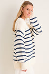 Ivory and Navy Stripe Cotton Genevieve Crewneck Sweater