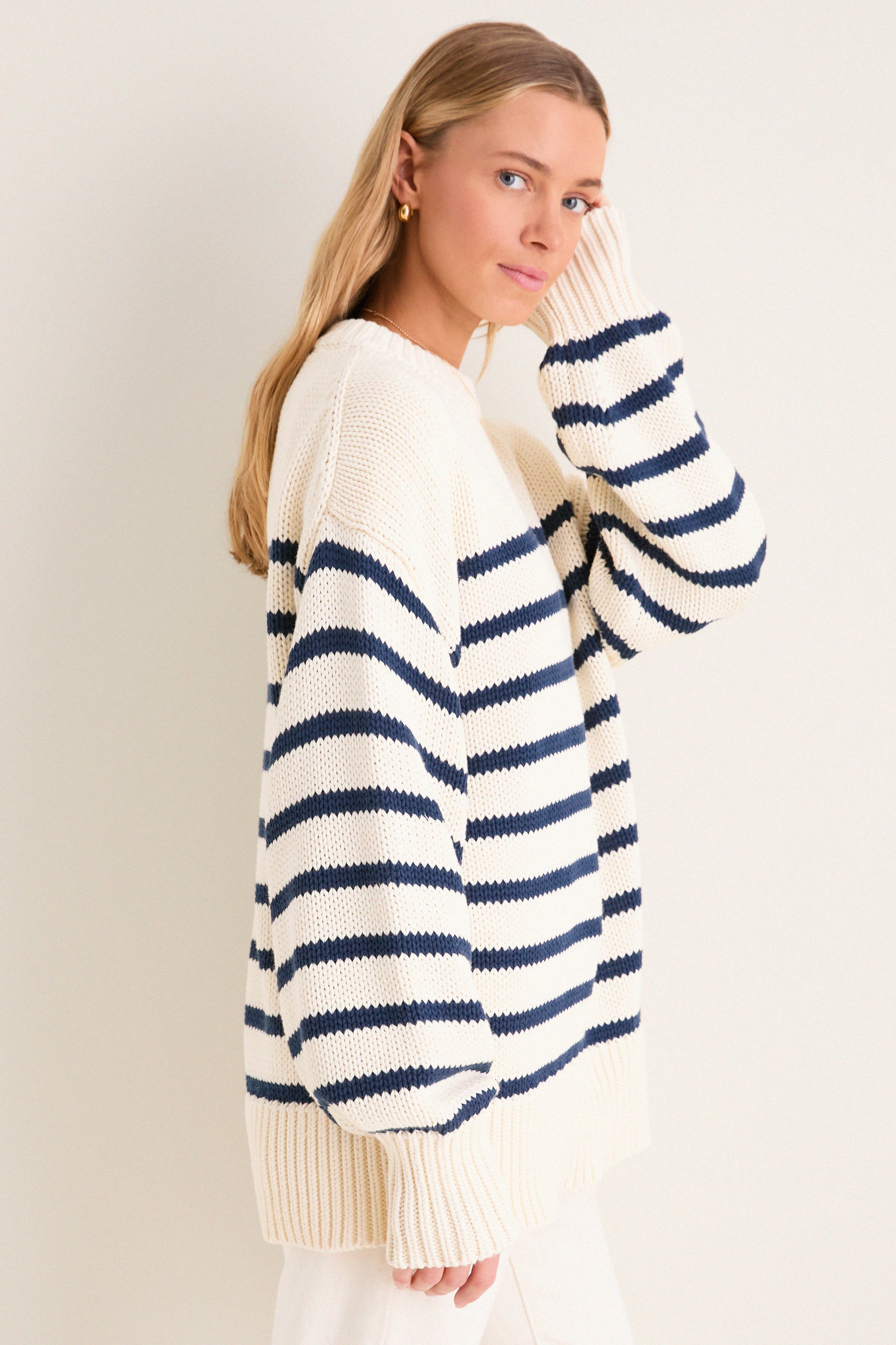 Ivory and Navy Stripe Cotton Genevieve Crewneck Sweater