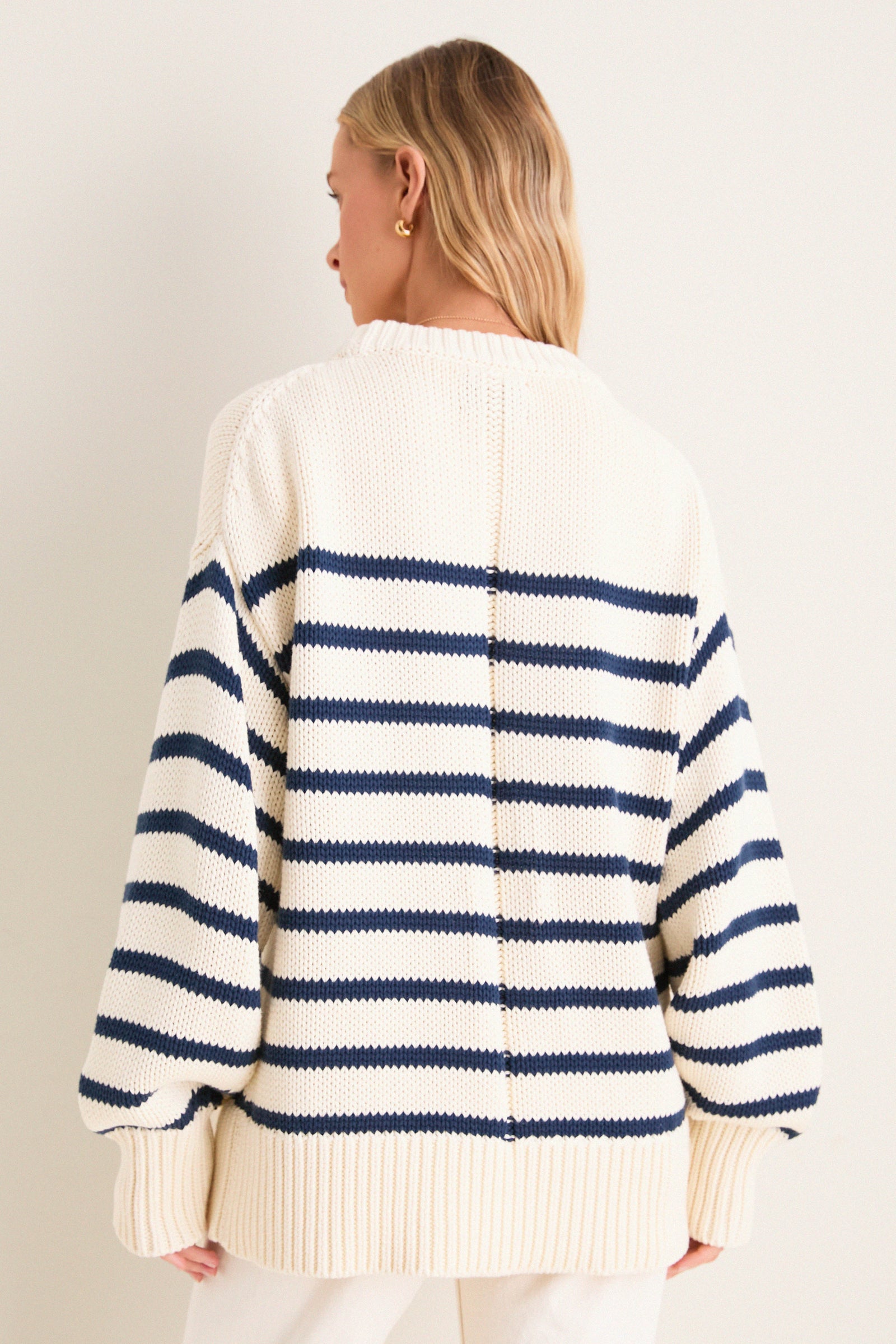 Ivory and Navy Stripe Cotton Genevieve Crewneck Sweater