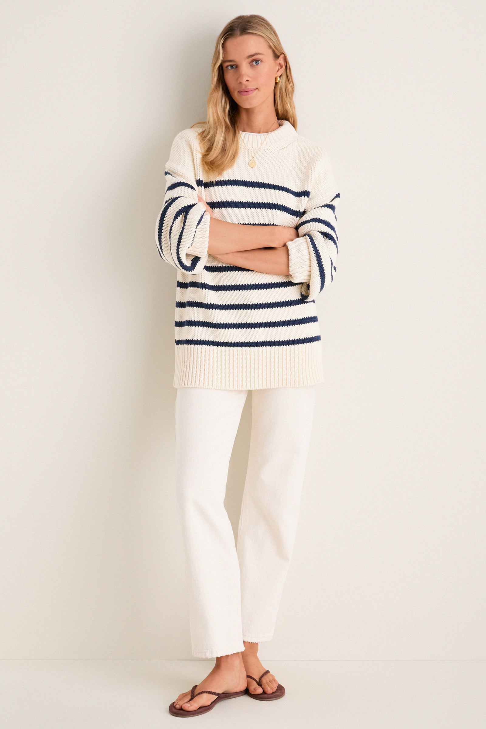 Ivory and Navy Stripe Cotton Genevieve Crewneck Sweater
