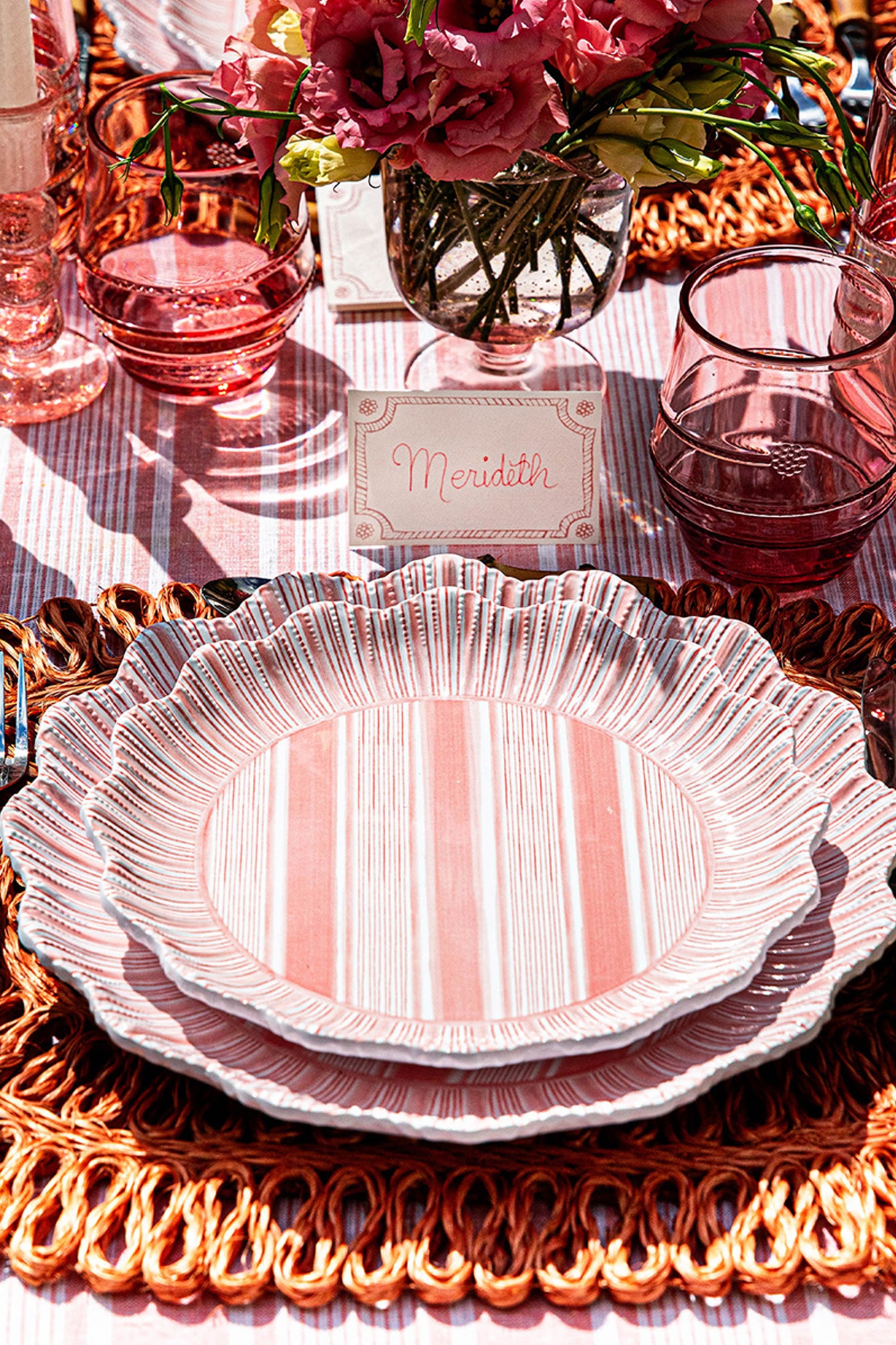 Coral Cabana Stripe Melamine Dessert Salad Plate Set of 4