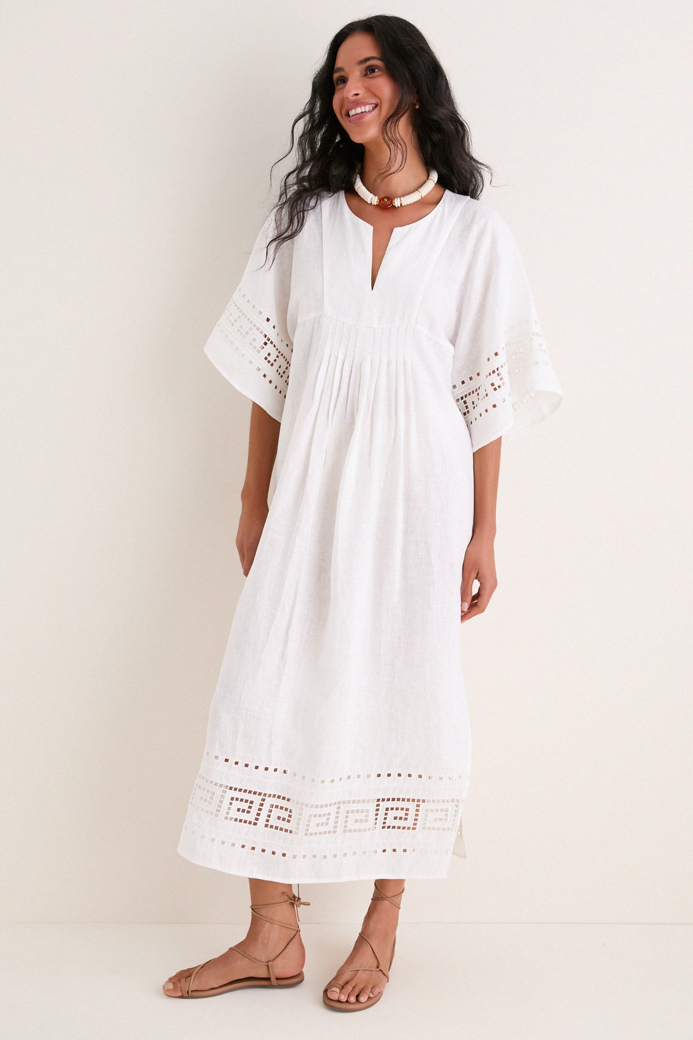 White Greek Key Embroidered Linen Adrianne Dress