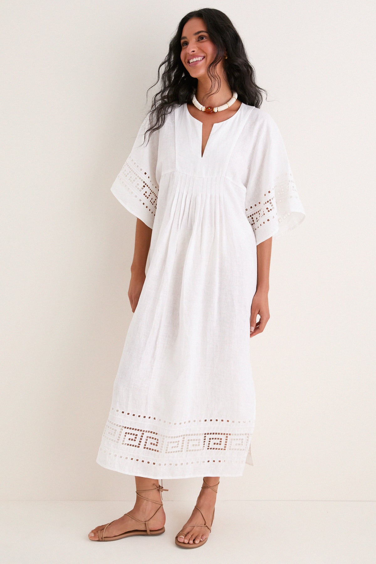 White Greek Key Embroidered Linen Adrianne Dress