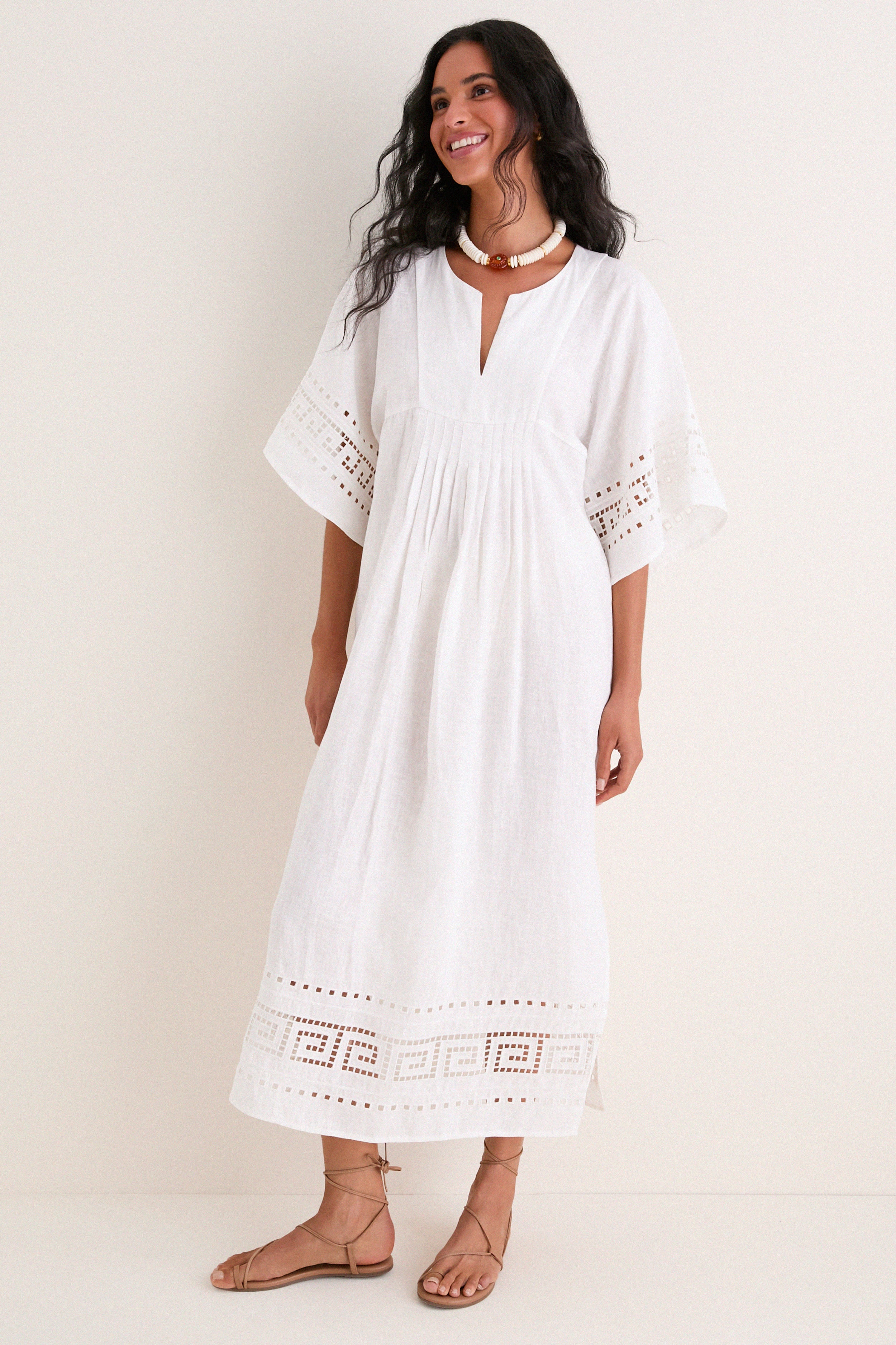 Tuckernuck White Greek Key Embroidered Linen Adrianne Dress White / L
