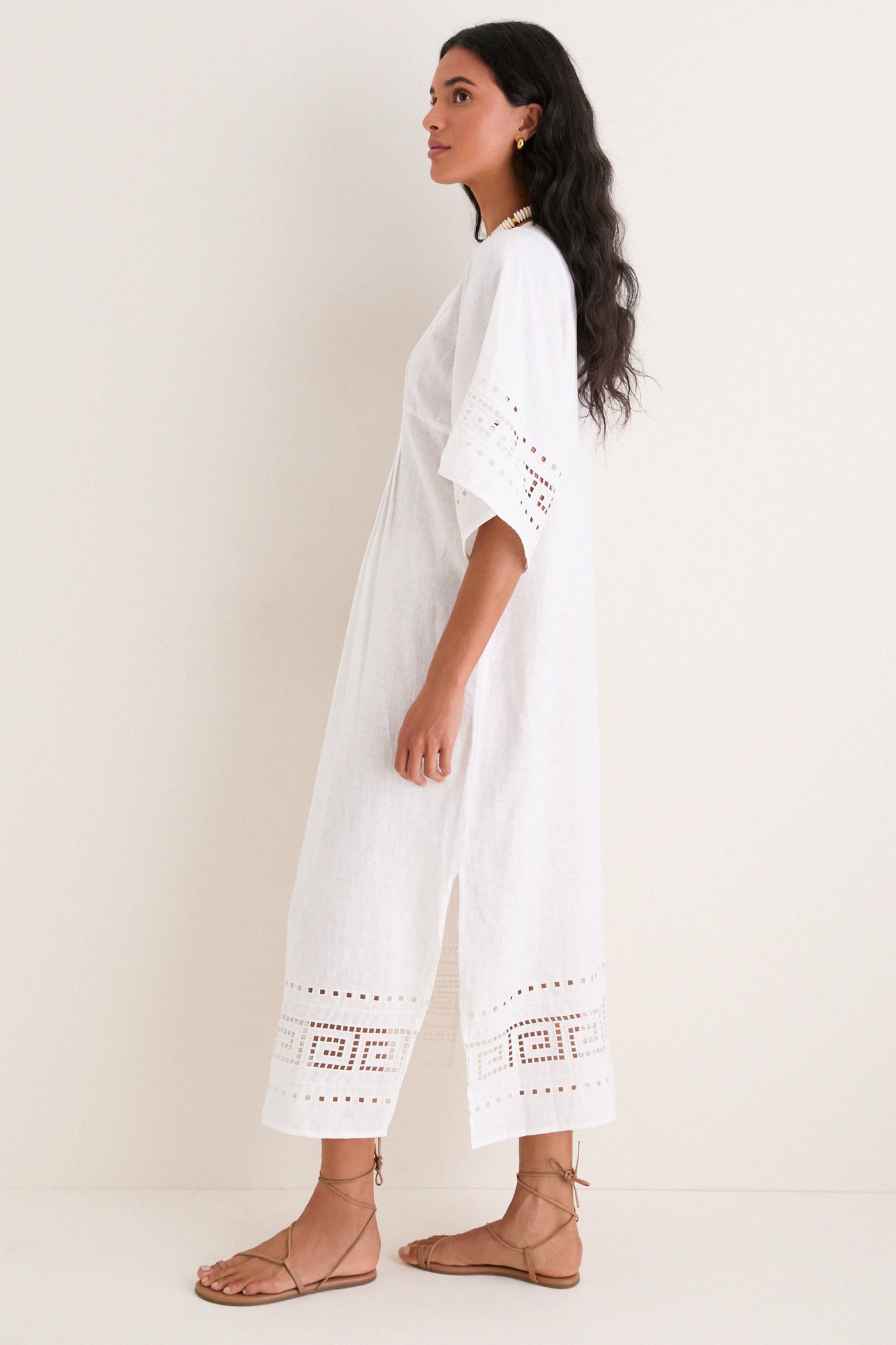 White Greek Key Embroidered Linen Adrianne Dress
