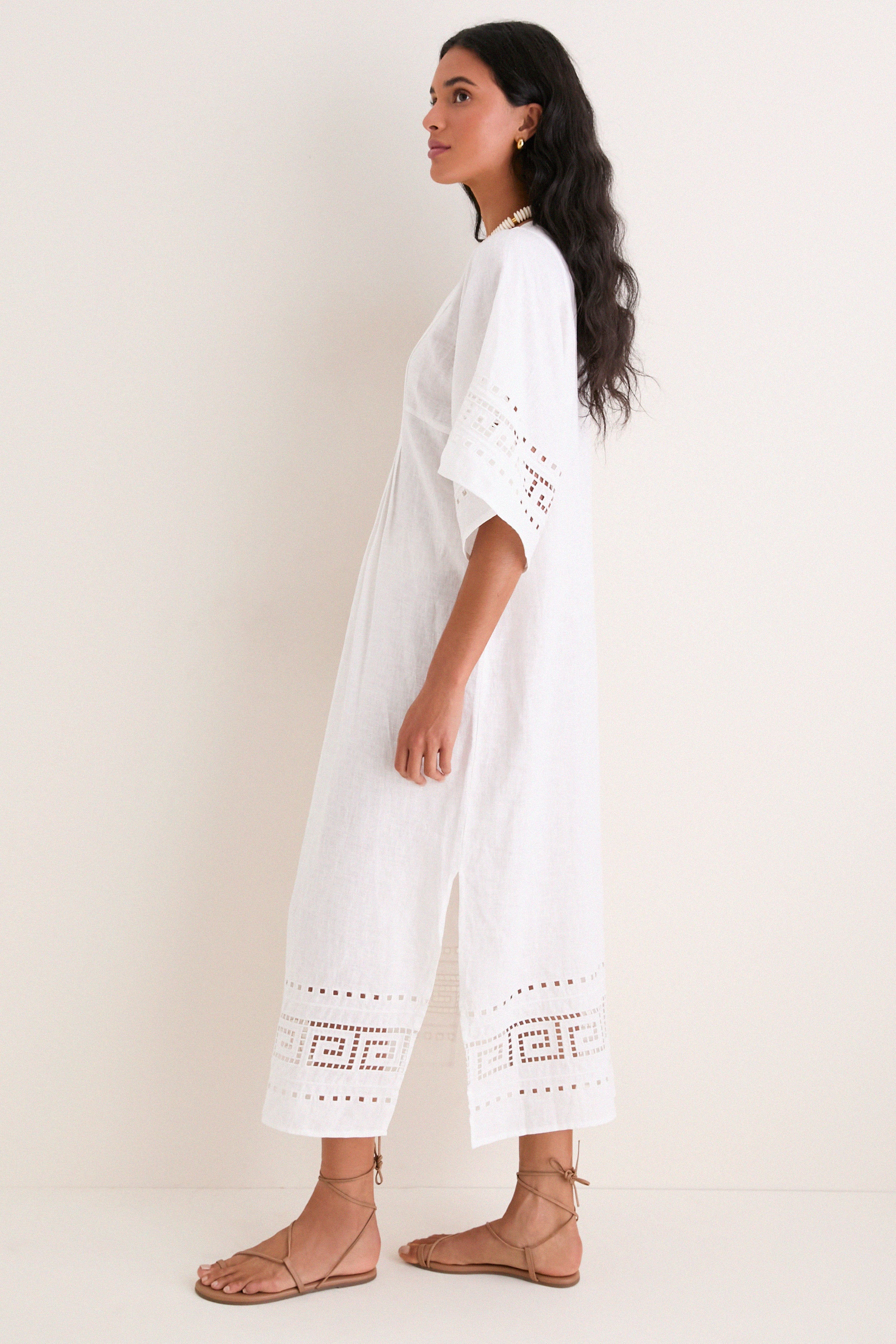 White Greek Key Embroidered Linen Adrianne Dress
