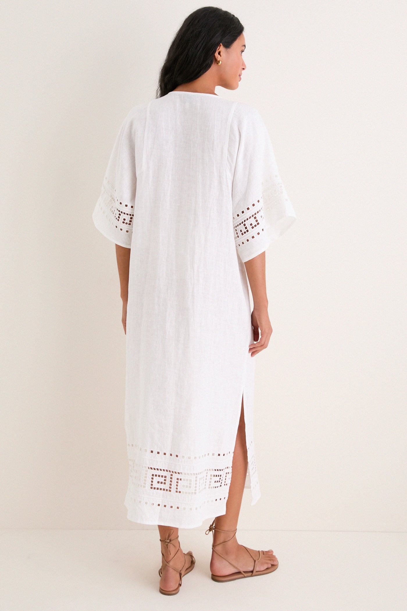 White Greek Key Embroidered Linen Adrianne Dress