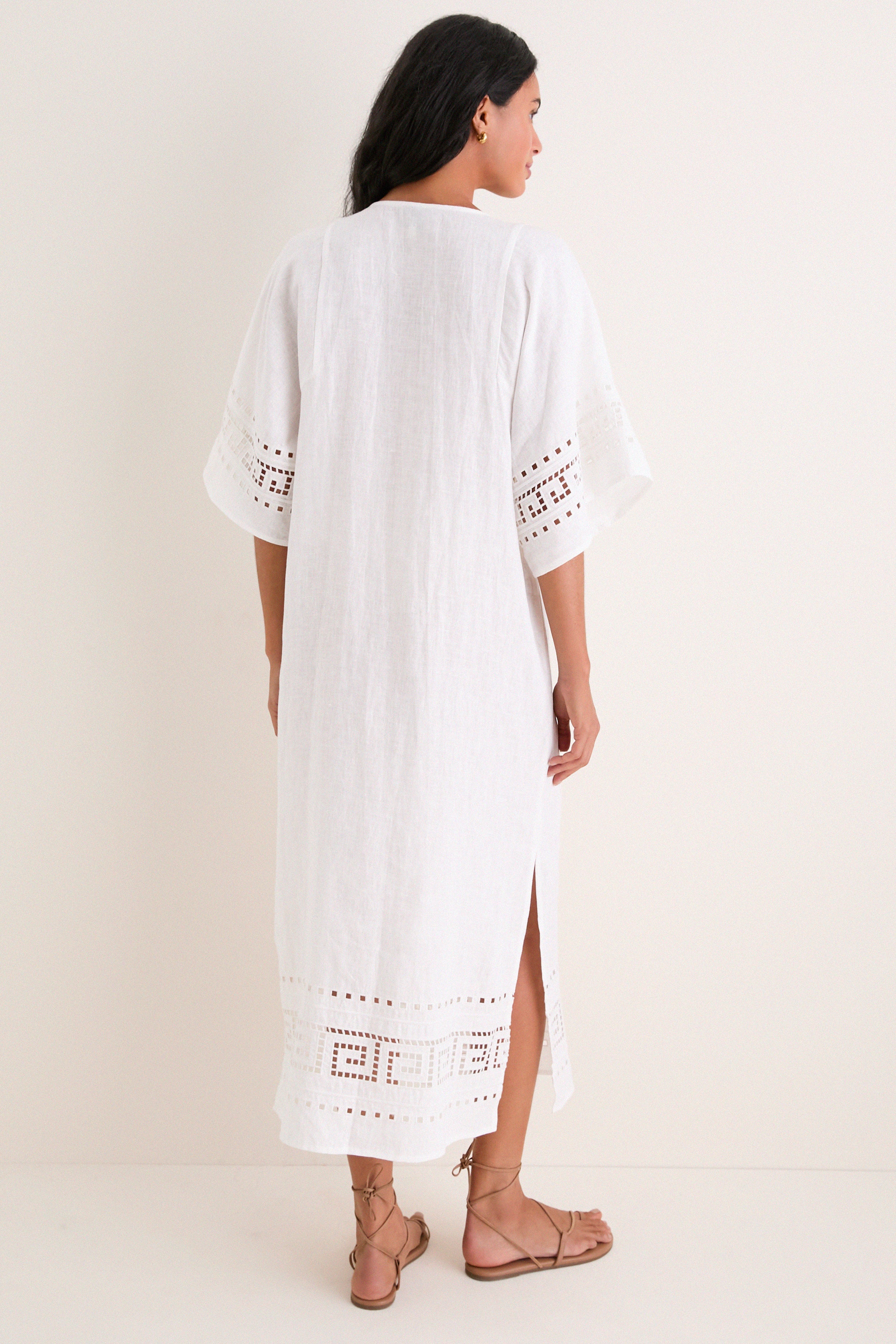 White Greek Key Embroidered Linen Adrianne Dress