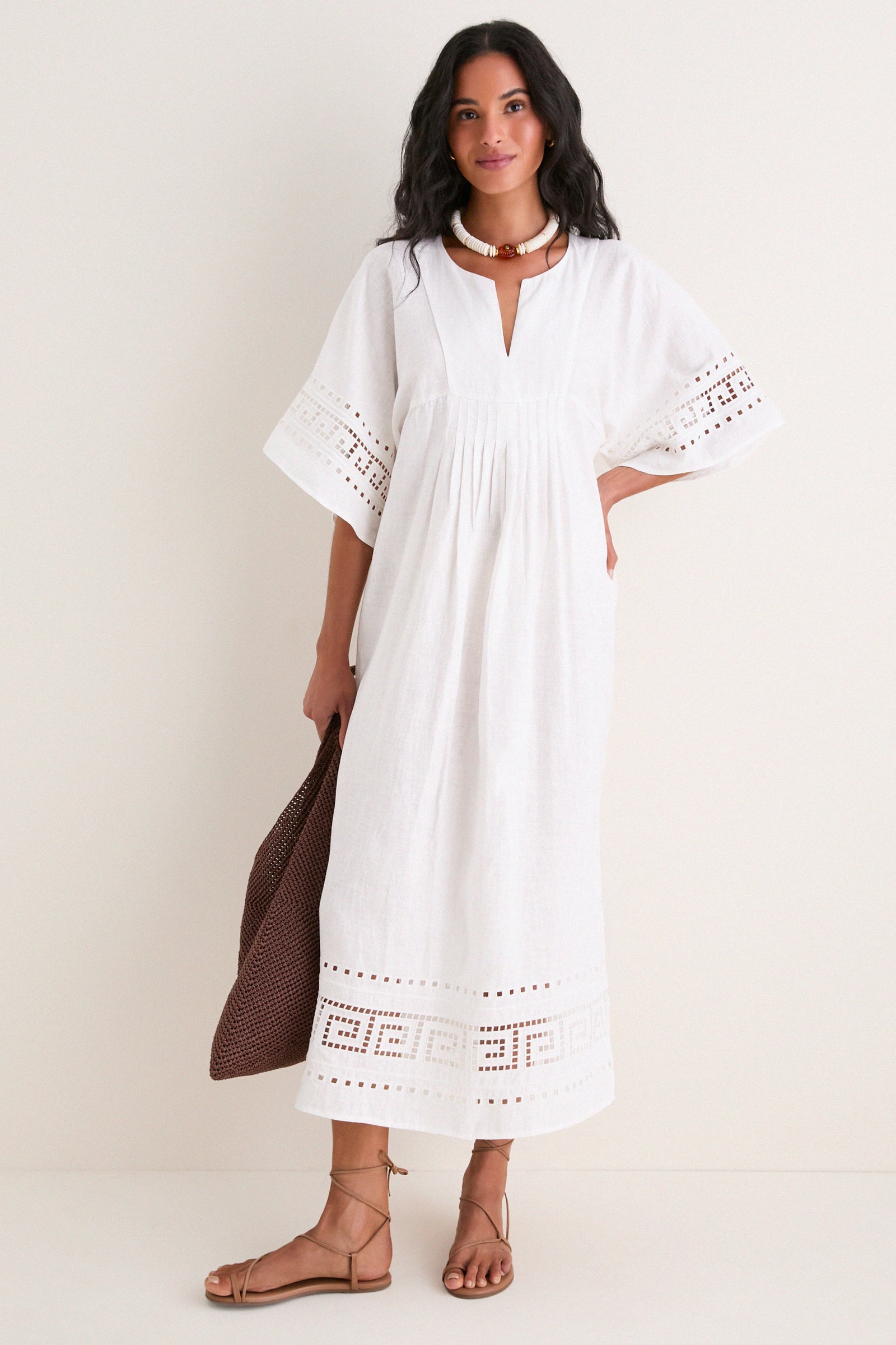 White Greek Key Embroidered Linen Adrianne Dress