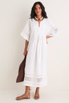 White Greek Key Embroidered Linen Adrianne Dress