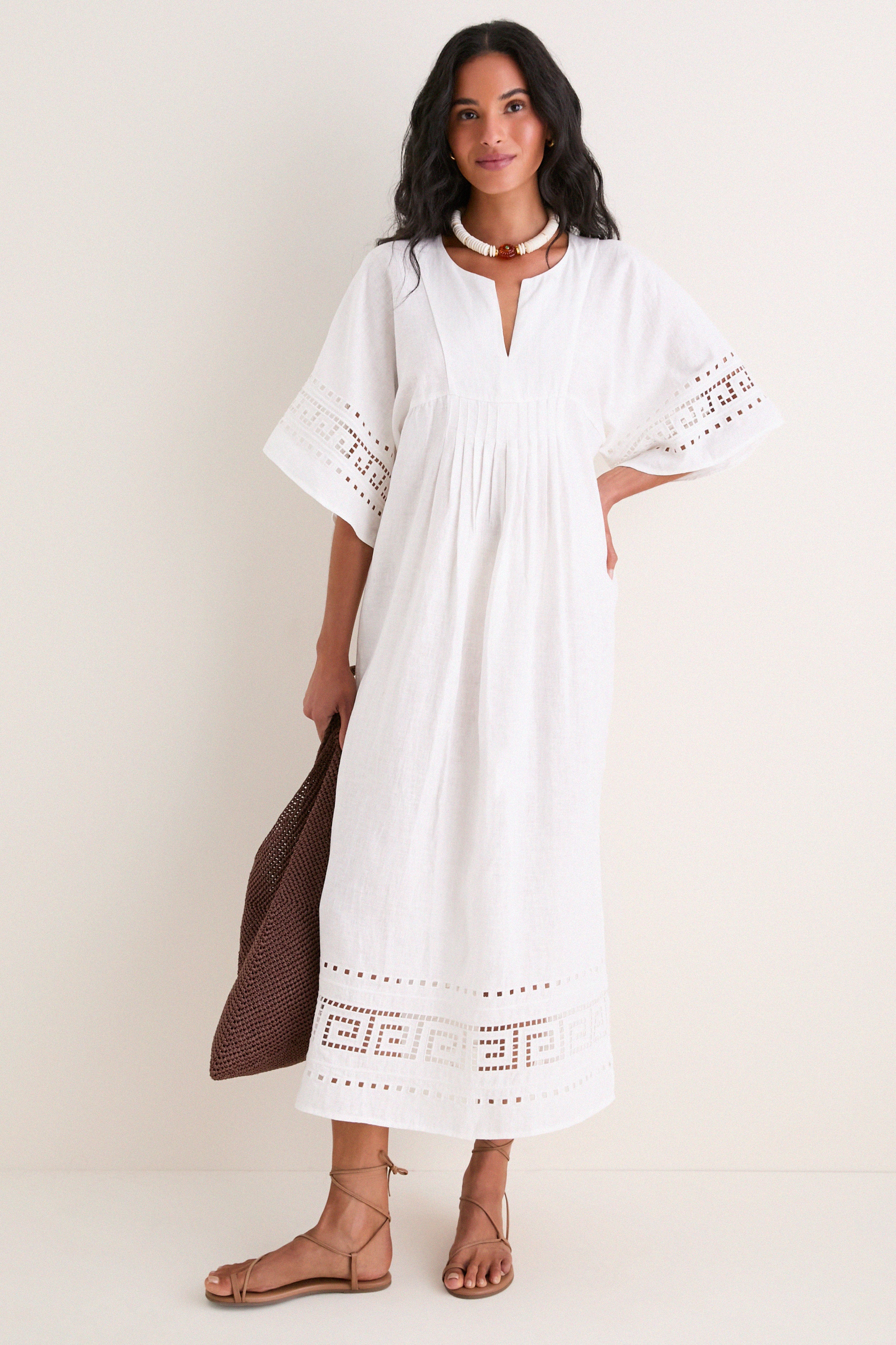 White Greek Key Embroidered Linen Adrianne Dress