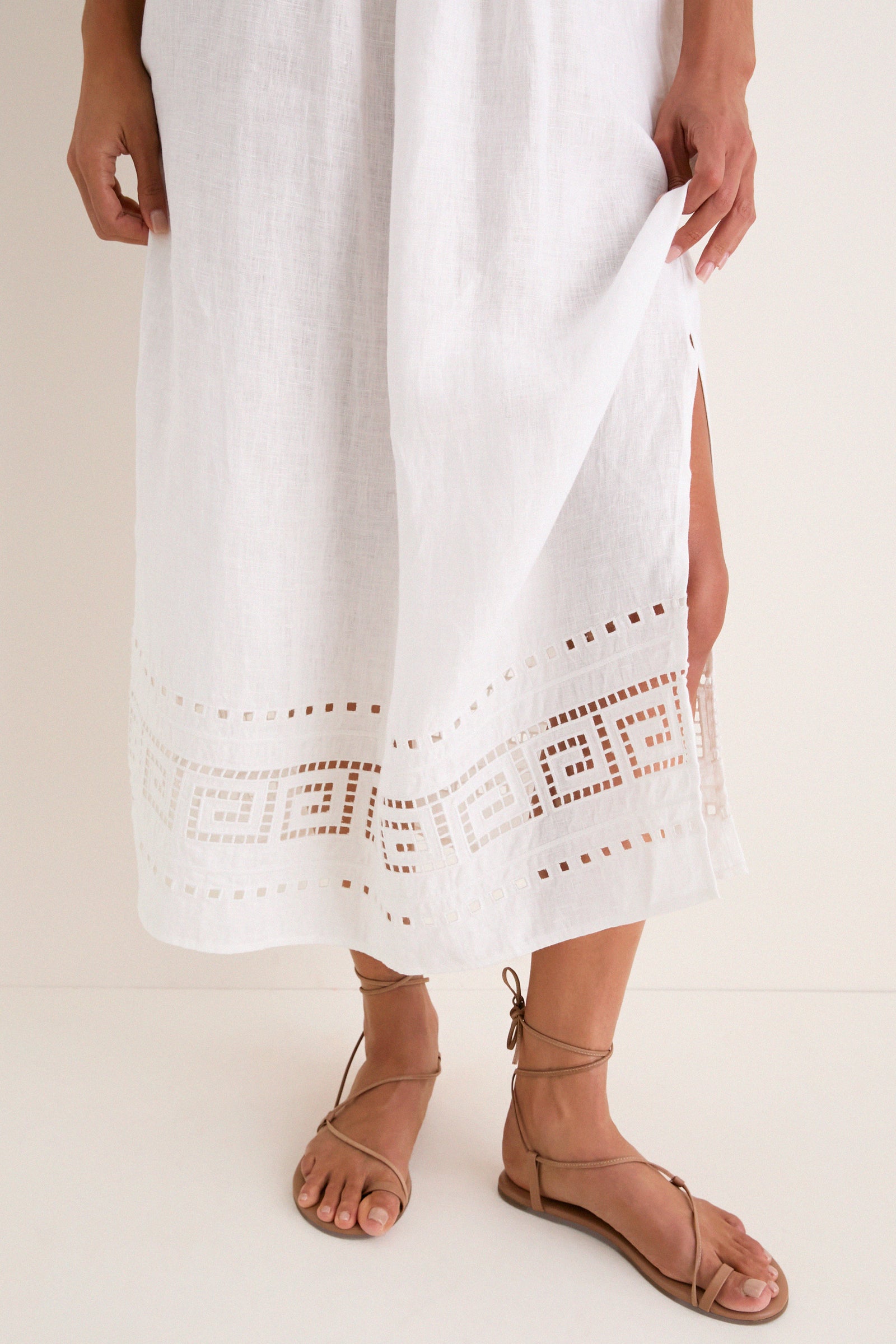White Greek Key Embroidered Linen Adrianne Dress
