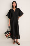 Black Greek Key Embroidered Linen Adrianne Dress
