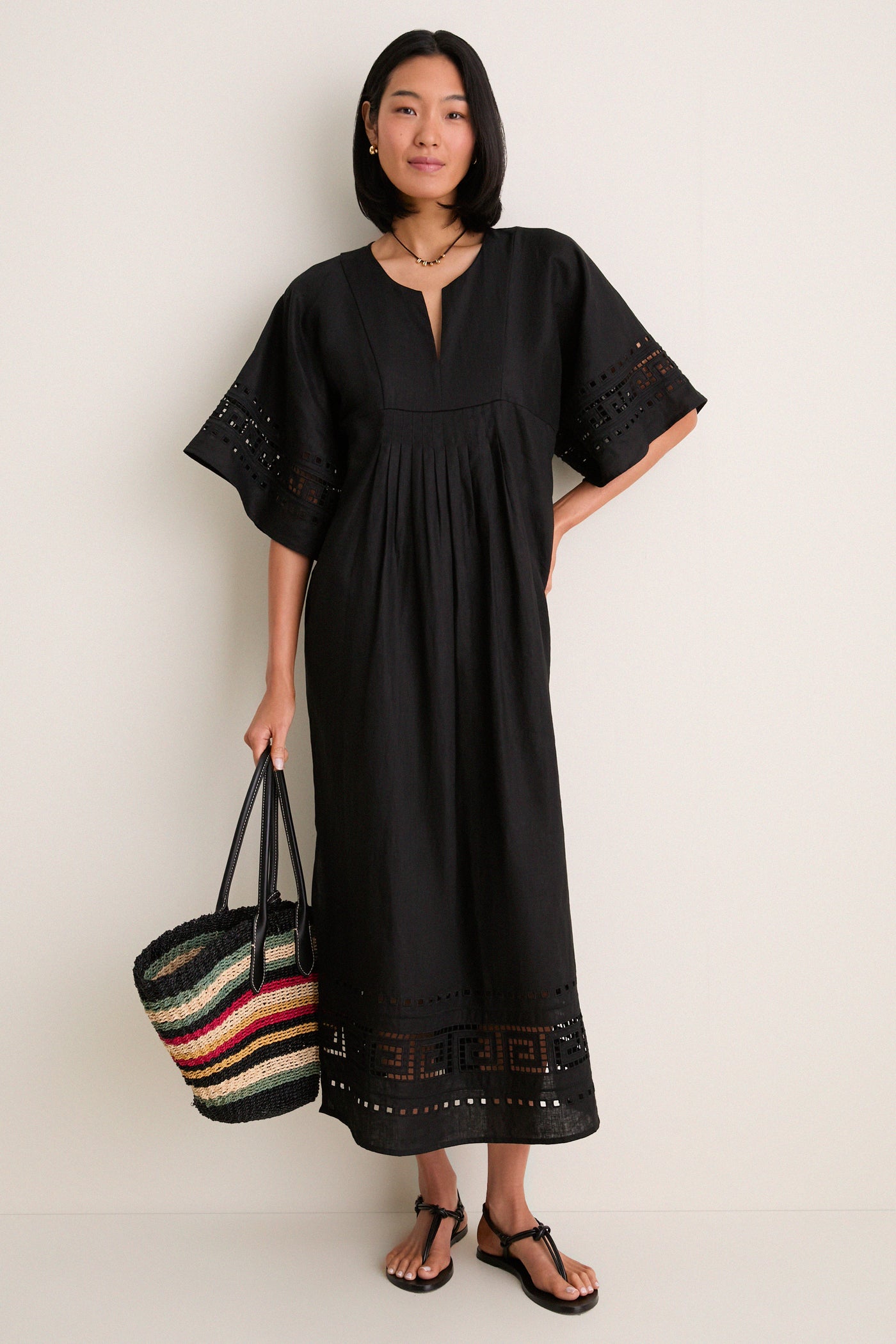 Tuckernuck Black Greek Key Embroidered Linen Adrianne Dress Black / L