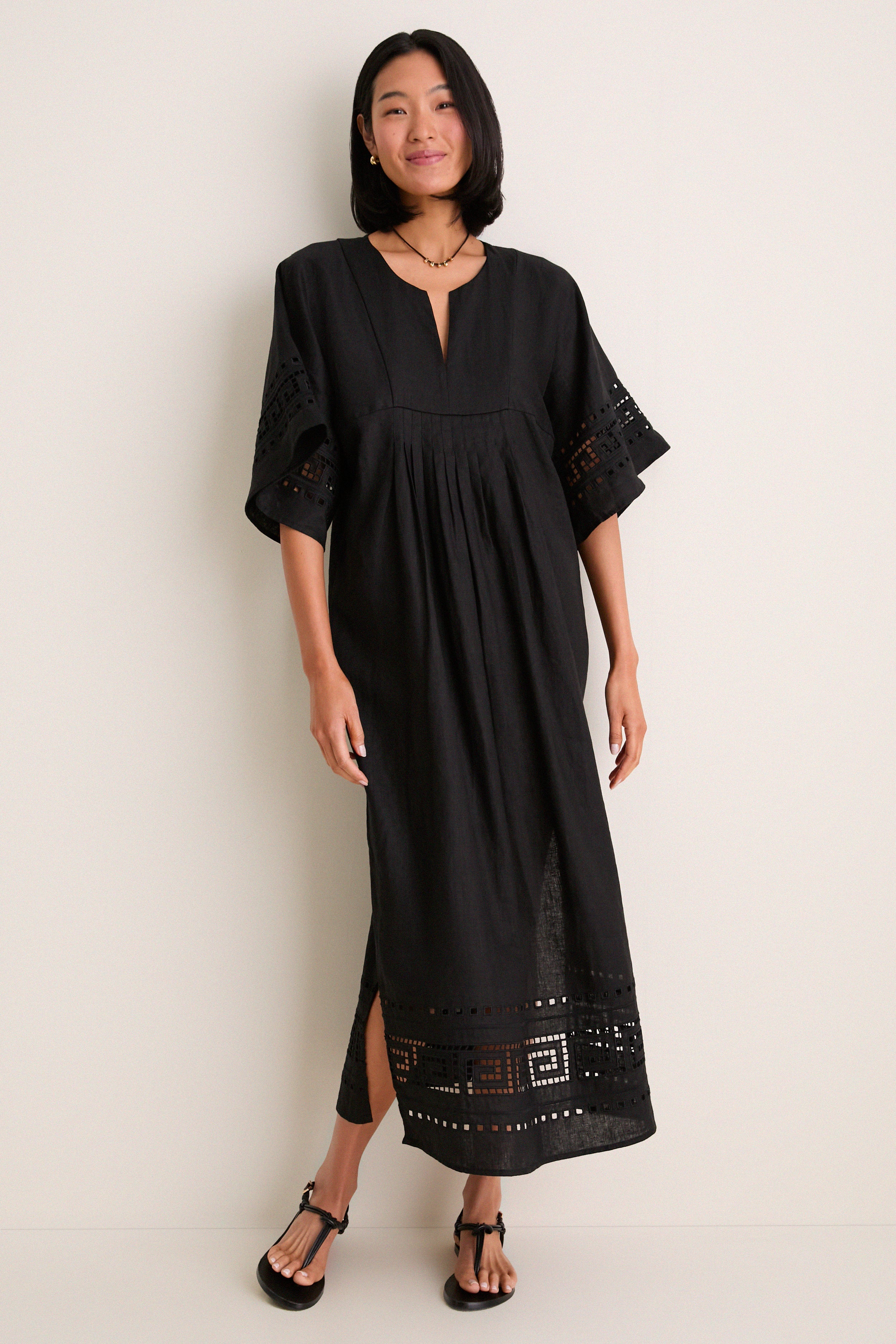 Black Greek Key Embroidered Linen Adrianne Dress | Tuckernuck