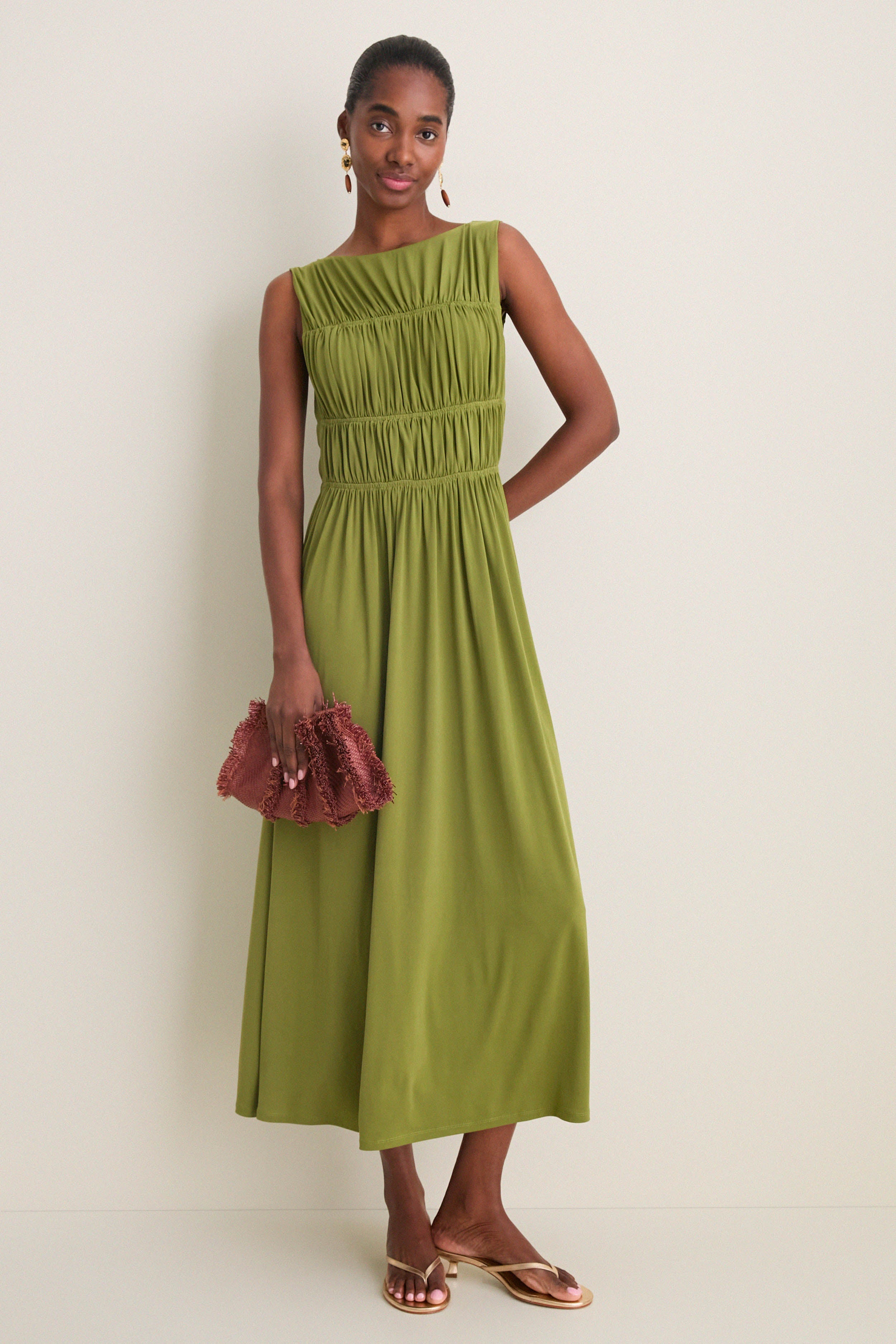 Cedar Green Crepe Jersey Smocked Aurelia Dress