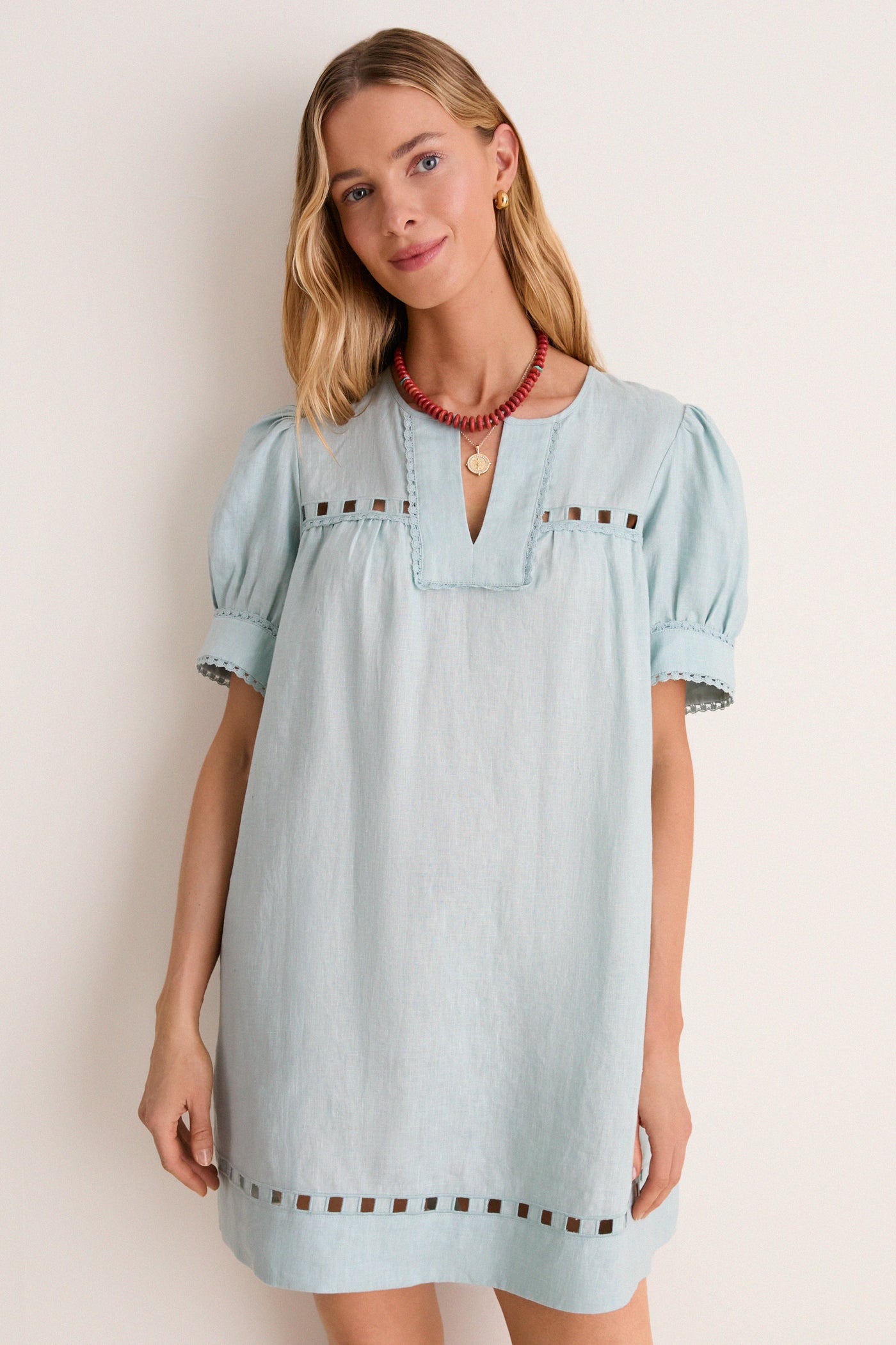 Mediterranean Mist Eyelet Linen Bridget Mini Dress
