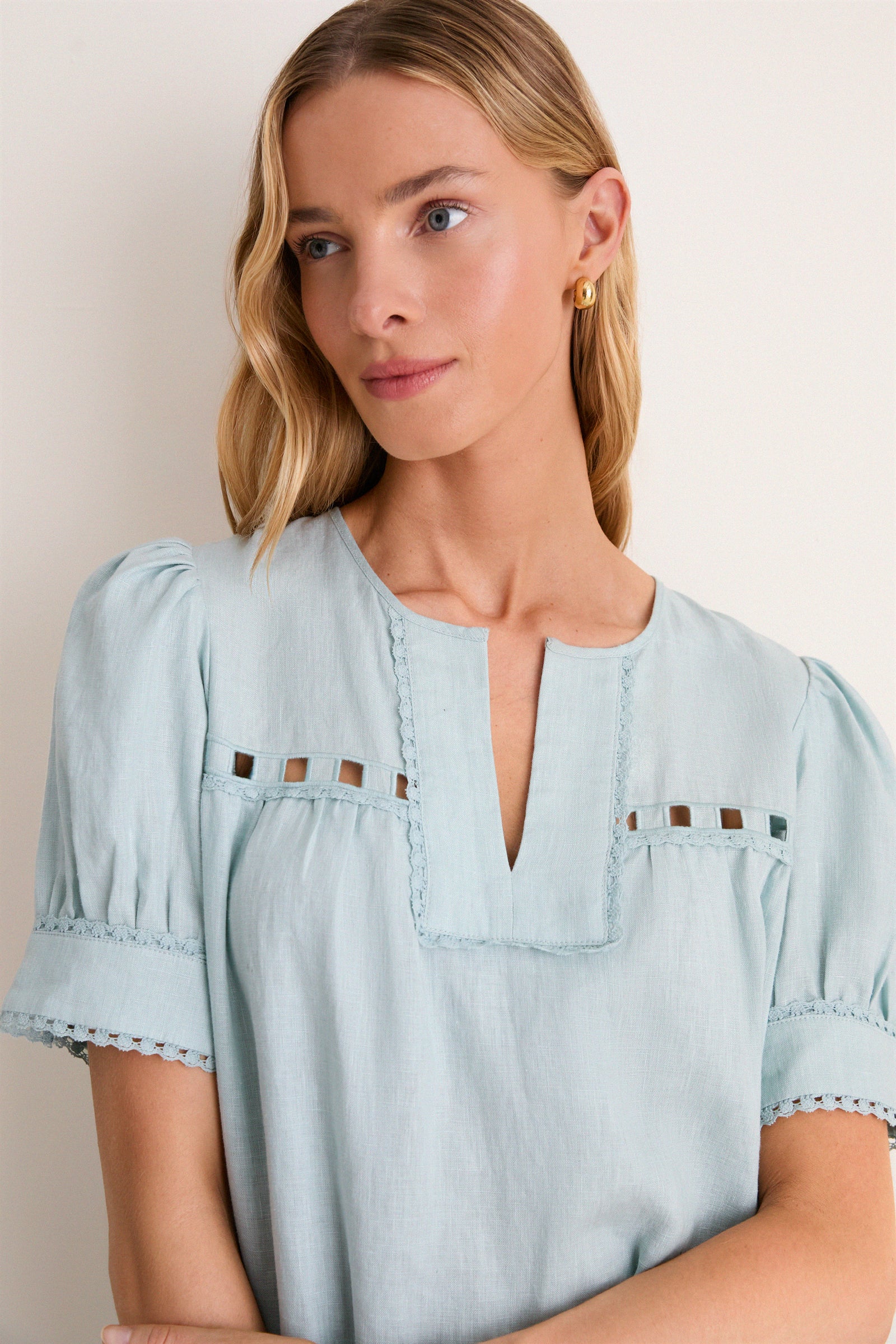 Mediterranean Mist Eyelet Linen Bridget Mini Dress