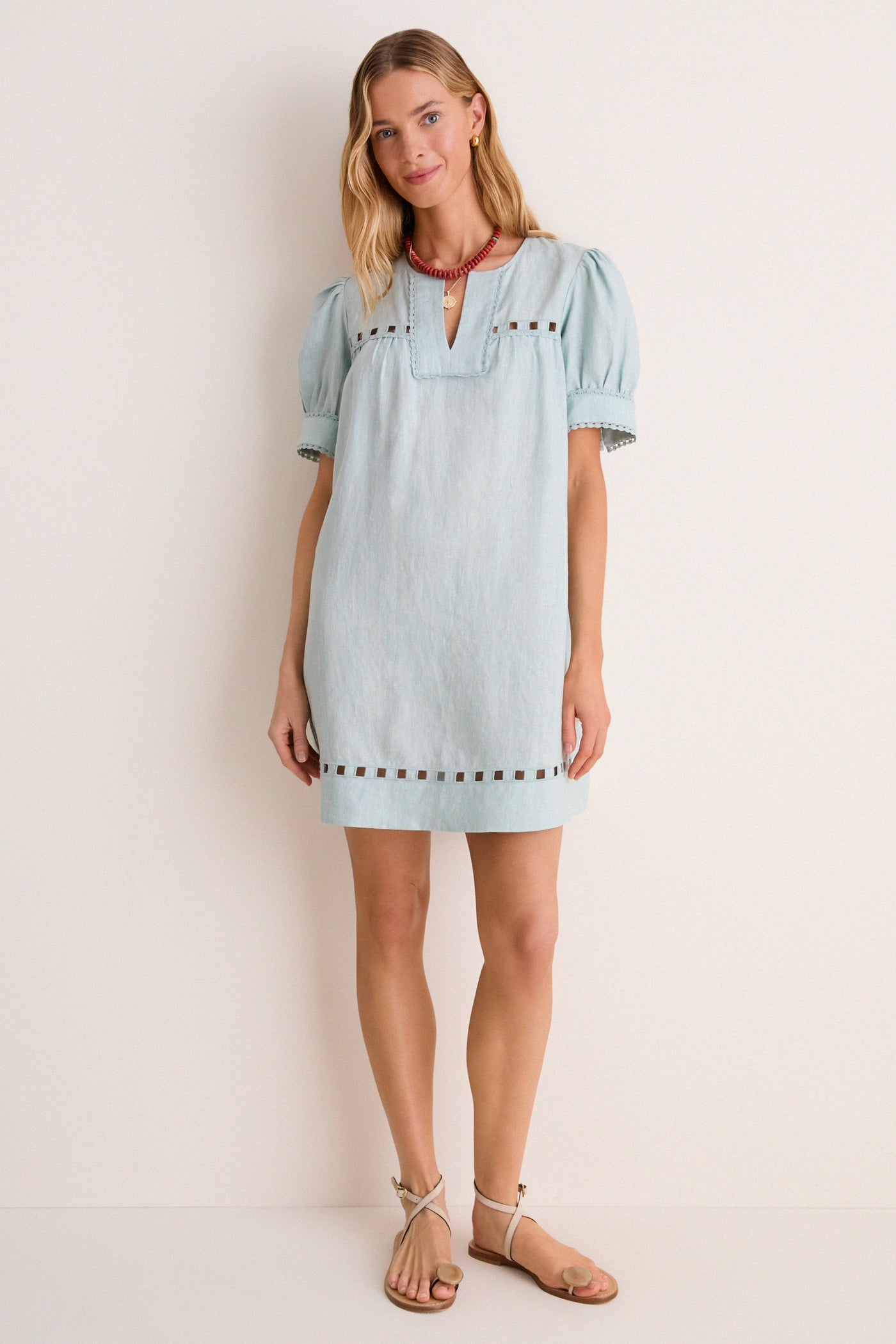 Mediterranean Mist Eyelet Linen Bridget Mini Dress