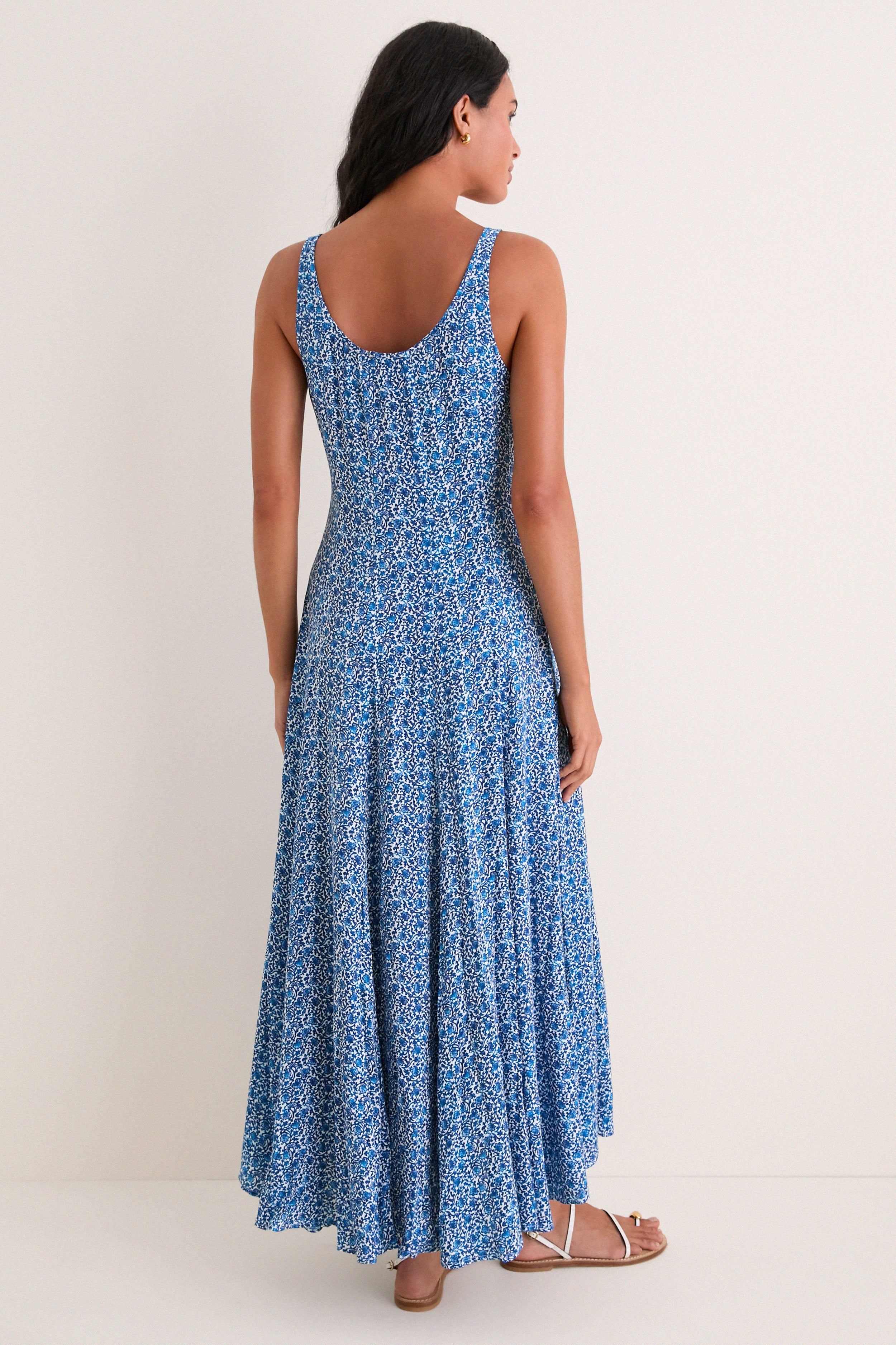 Aqua Ditsy Viscose  Crepe Lyon Maxi Dress