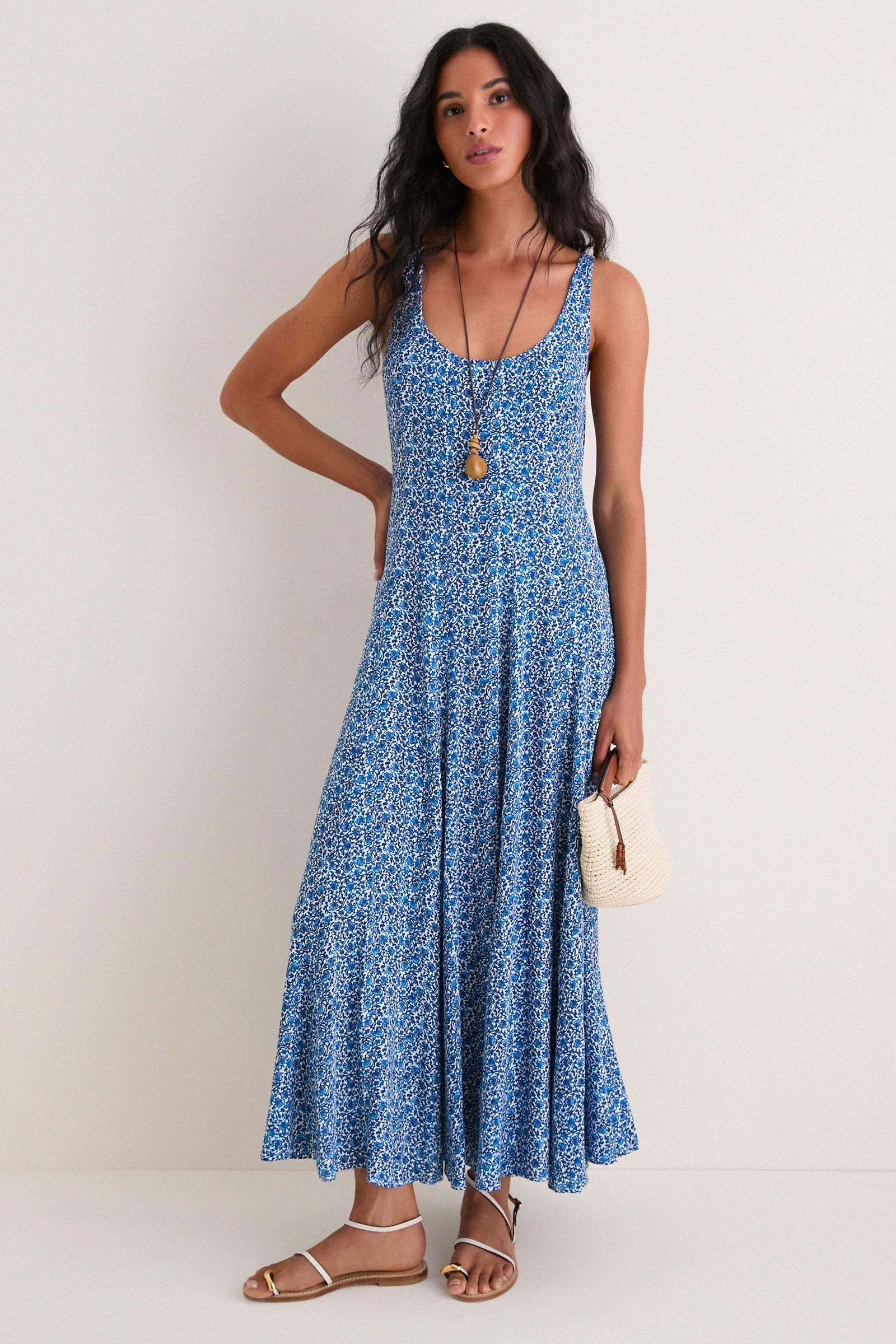 Aqua Ditsy Viscose  Crepe Lyon Maxi Dress