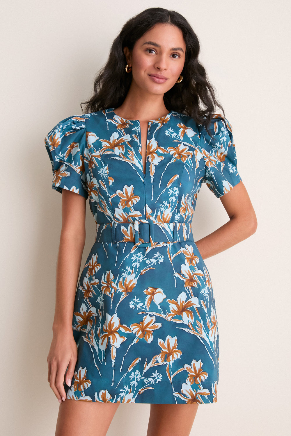 Hyacinth House Blue & Brown Floral Liliana Zip Front Mini Dress Blue & Brown Floral / XL