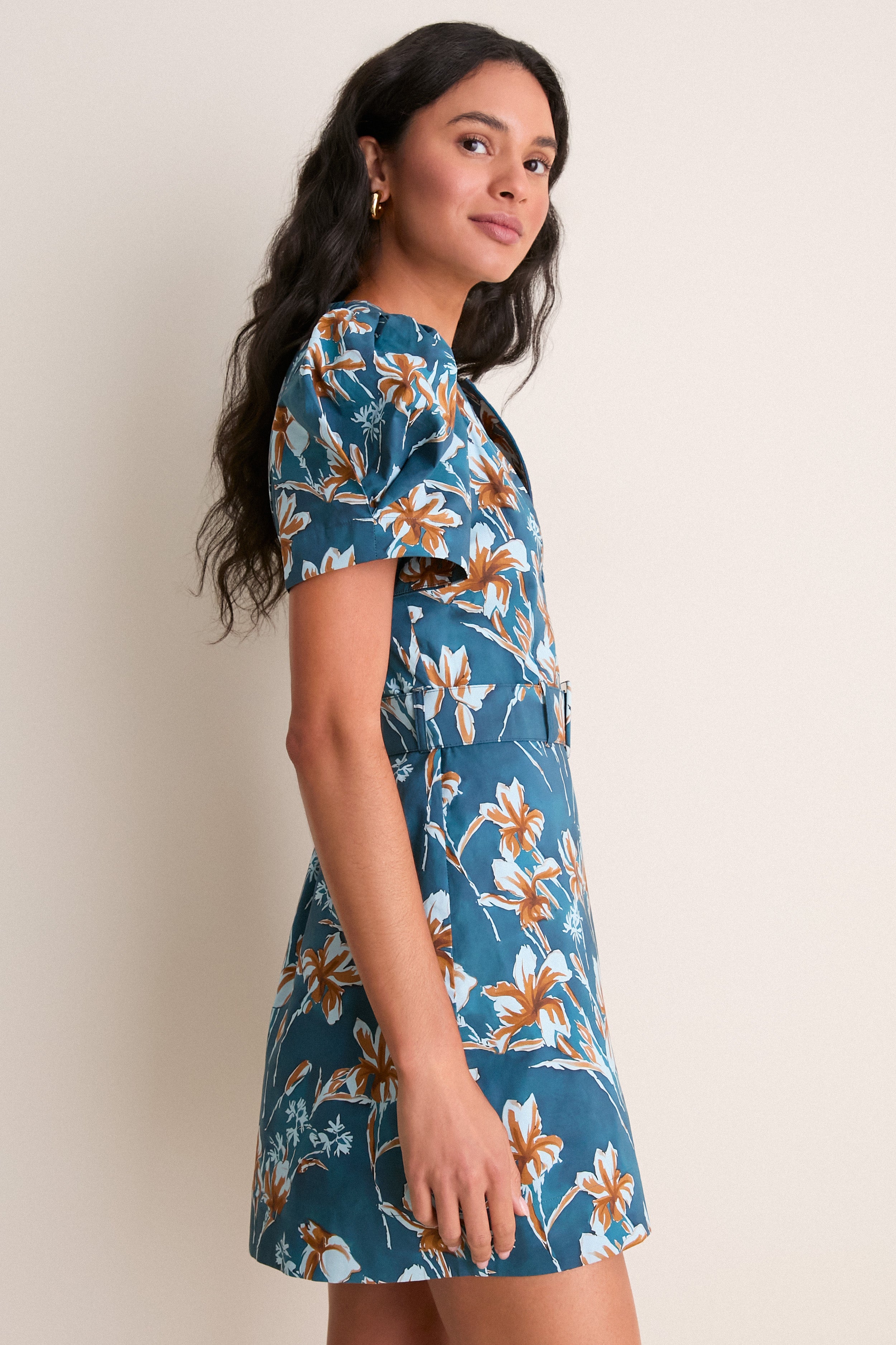 Hyacinth House Blue & Brown Floral Liliana Zip Front Mini Dress Blue & Brown Floral / XL