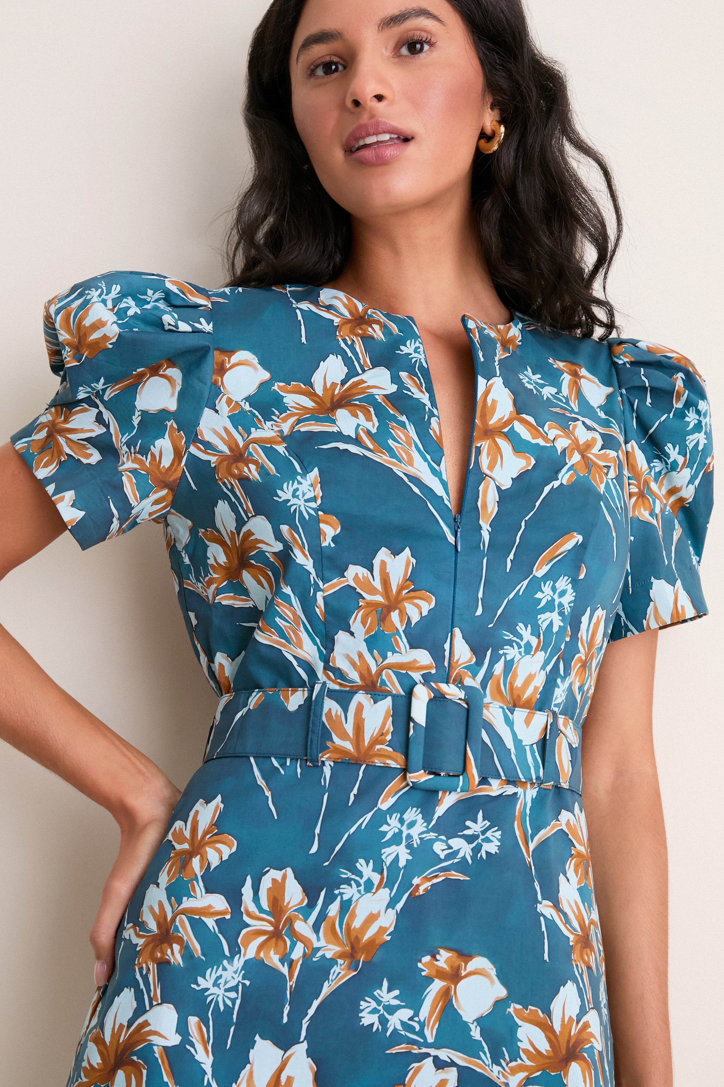 Blue & Brown Floral Liliana Zip Front Mini Dress | Hyacinth House