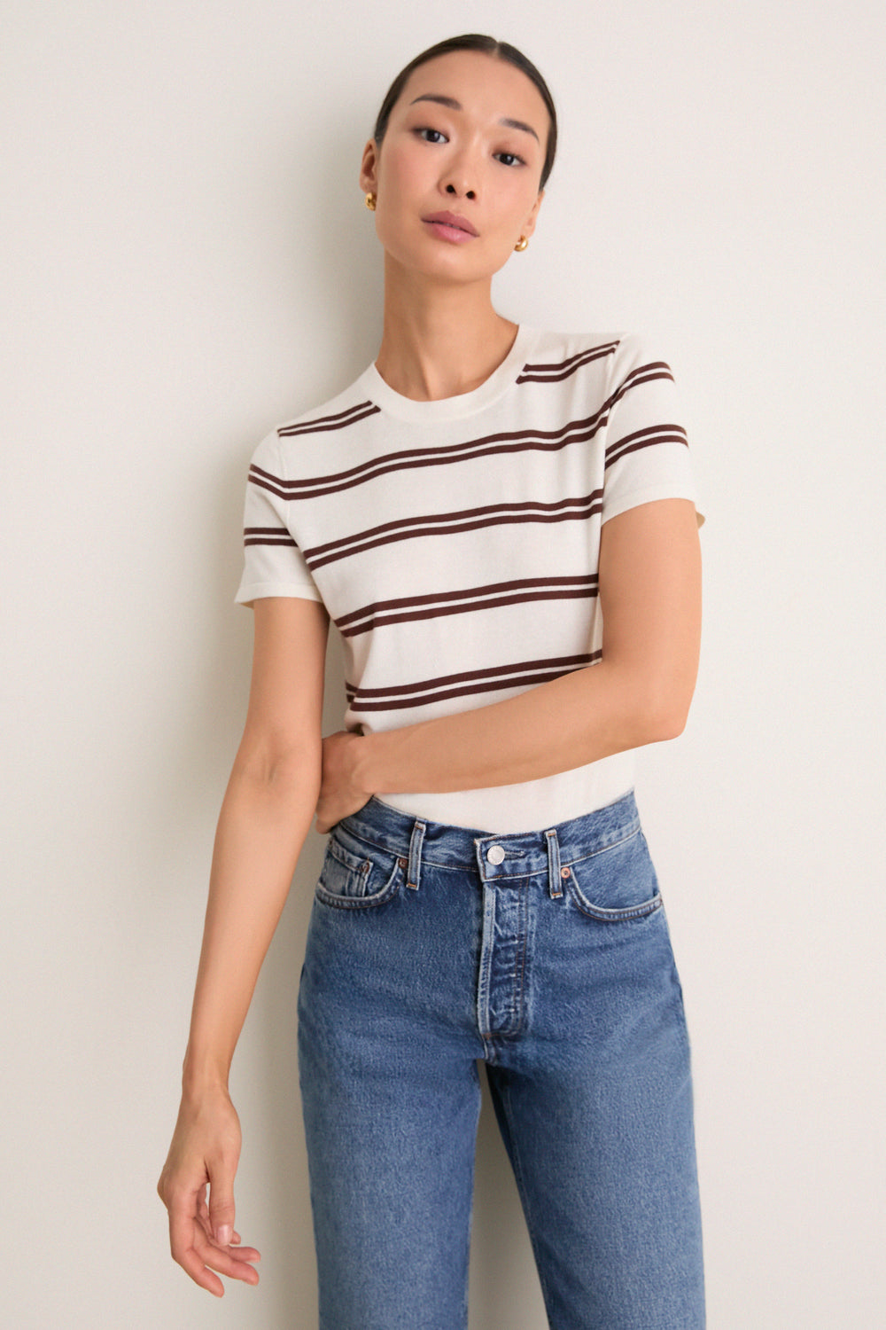 Ivory and Mocha Stripe Cashmere Silk Katie Tee