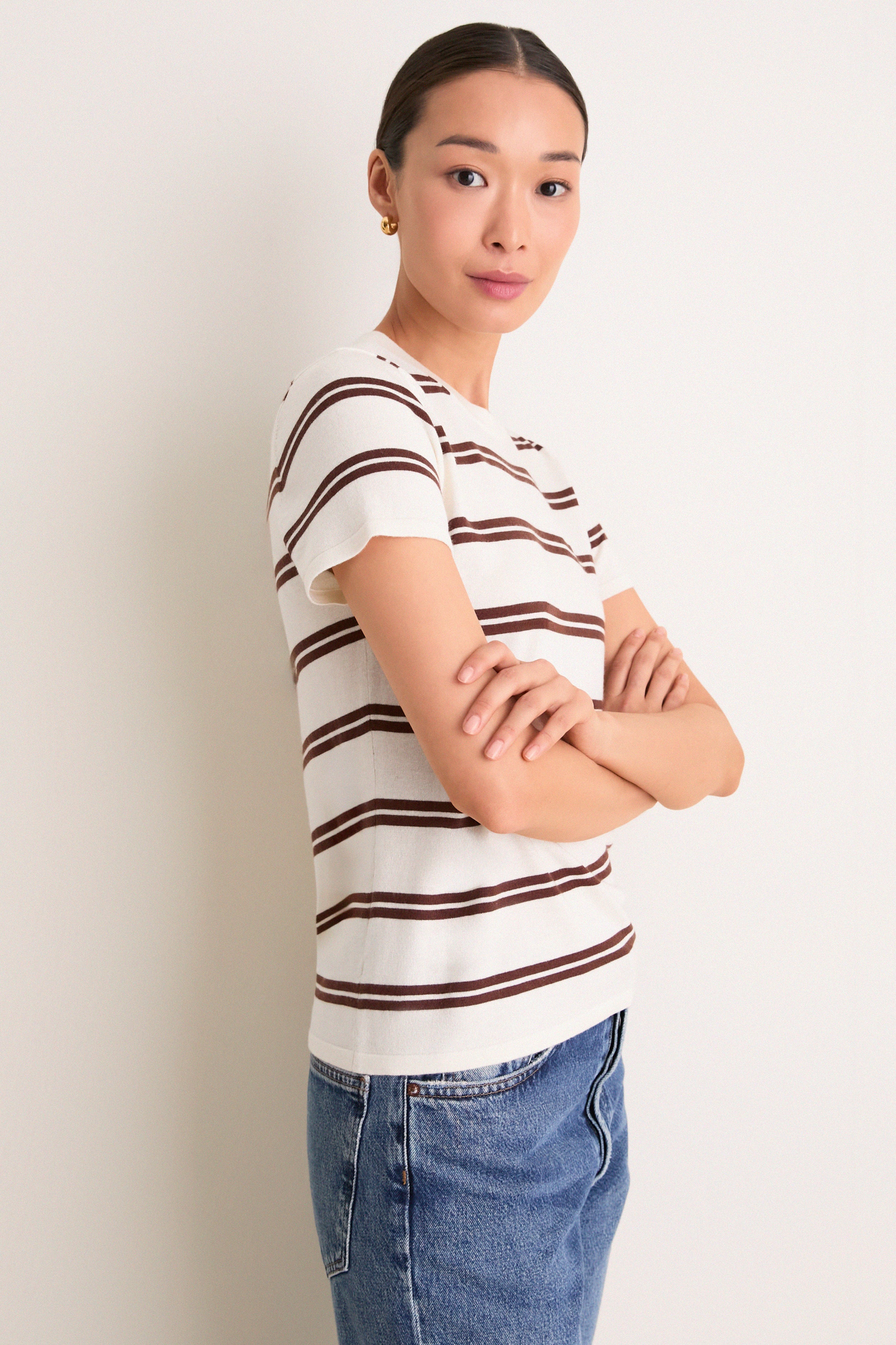 Ivory and Mocha Stripe Cashmere Silk Katie Tee