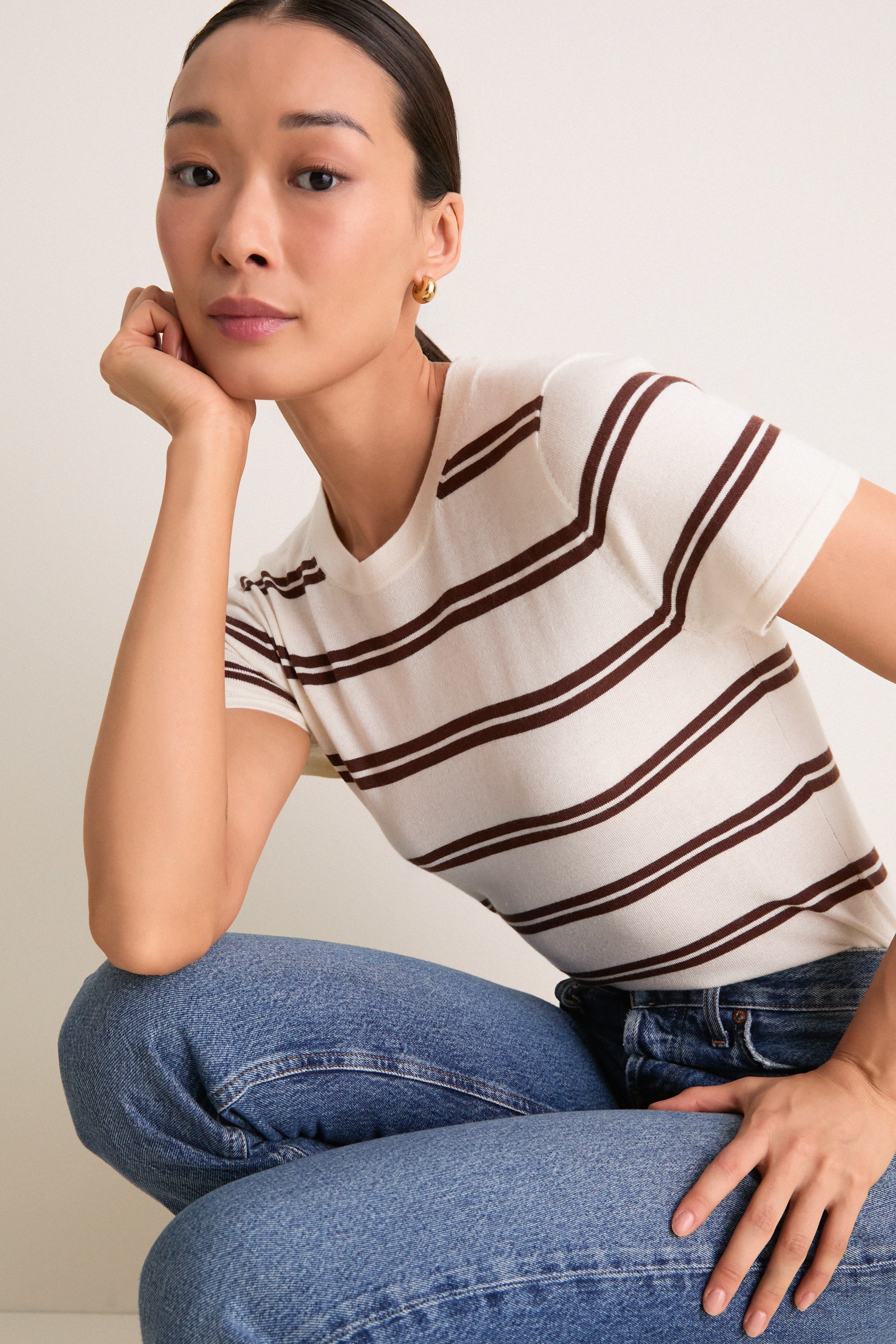 Ivory and Mocha Stripe Cashmere Silk Katie Tee